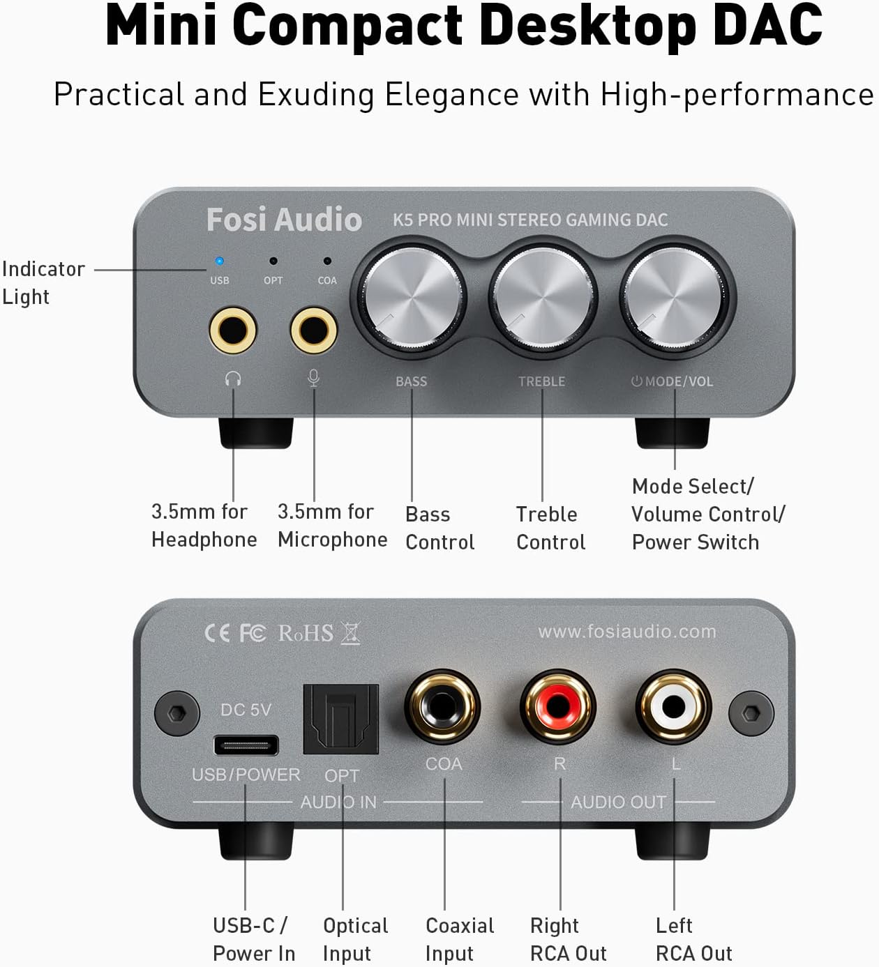 Detalle 2 de Fosi Audio K5 Pro Gaming DAC Headphone Amplifier: Compact USB-C/Optical/Coaxial to RCA/3.5mm