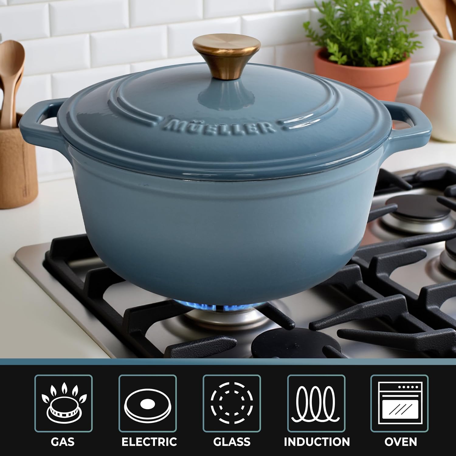 Thumbnail 5 de MUELLER HOME 6 Quart Enameled Cast Iron Dutch Oven with Lid – Mineral Blue