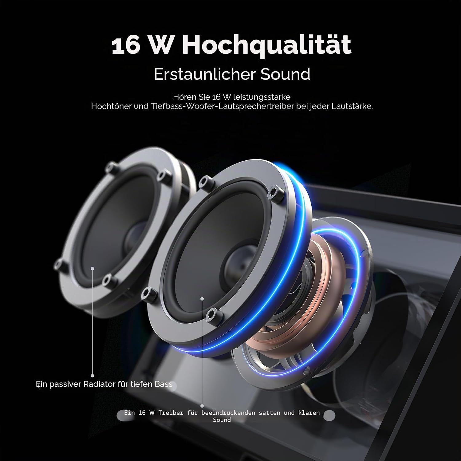 Detalle de JAYINE Tragbarer Bluetooth-Lautsprecher (16 W, schwarz) mit Bluetooth 5.3 & AUX (3,5 mm)