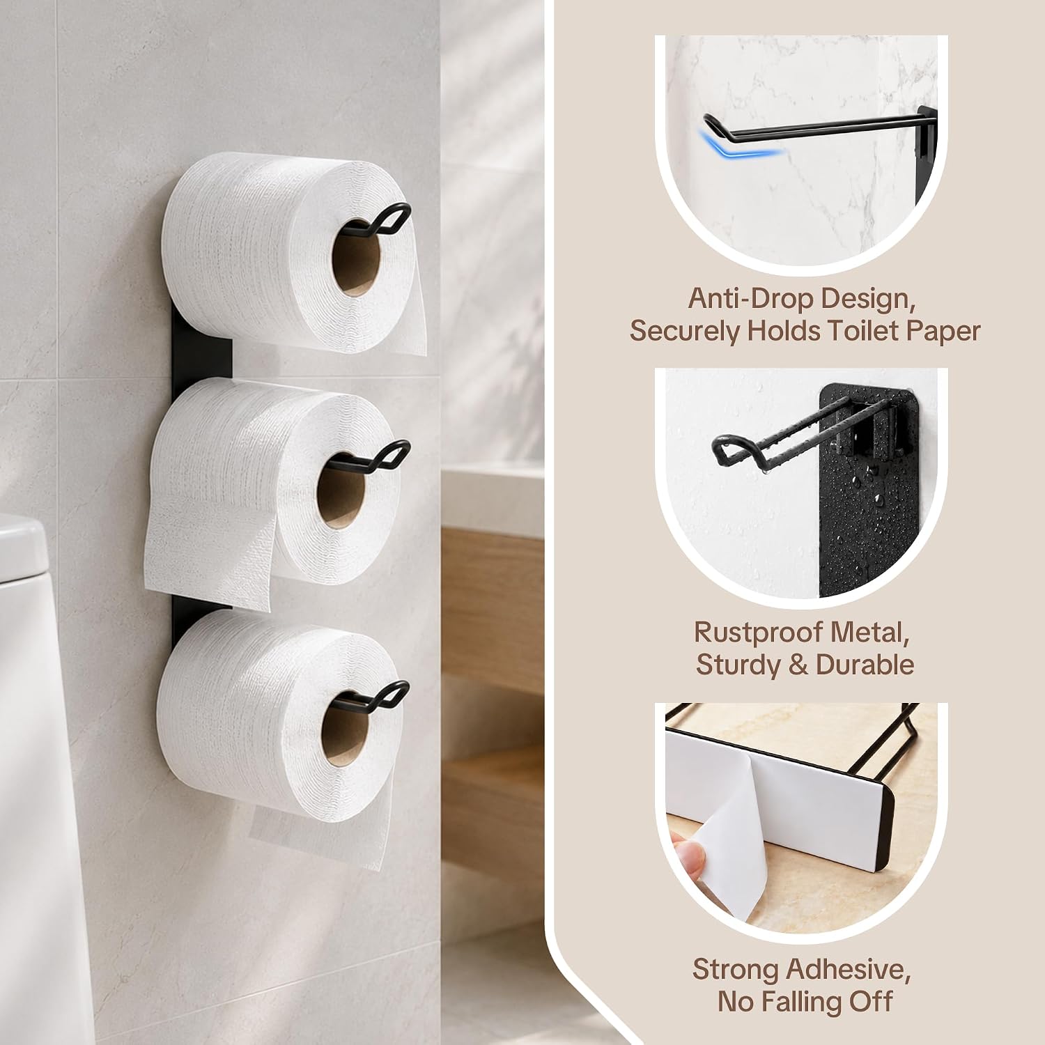 Thumbnail 3 de Cubbiesavor Wall-Mounted 3-Roll Toilet Roll Holder with Self-Adhesive Mounting (Matte Black)