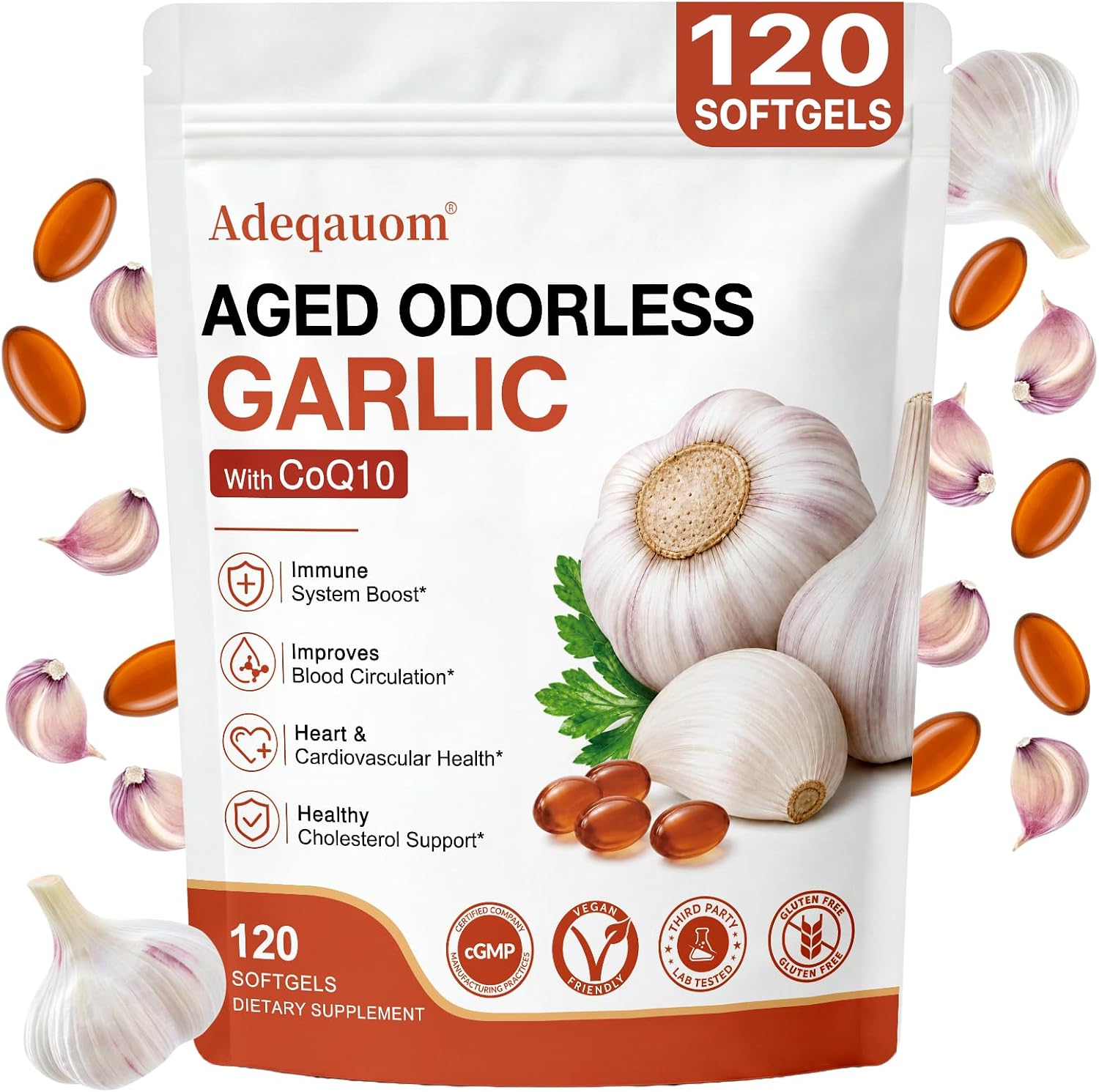Detalle de Adeqauom Aged Garlic Extract Softgels, 1200 mg, with Ubiquinol and Vitamin K2