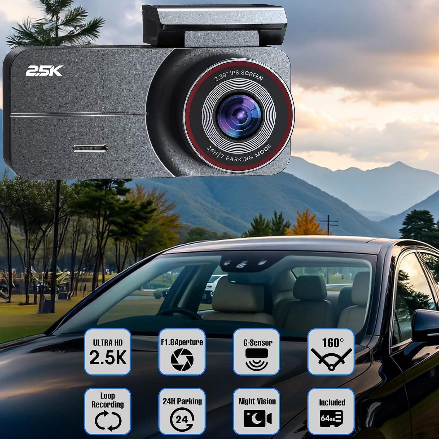 Thumbnail 6 de Dash Cam Front and Rear, 2.5K QHD Dual Dash Camera for Cars – Night Vision, 160° Wide, 64GB Included