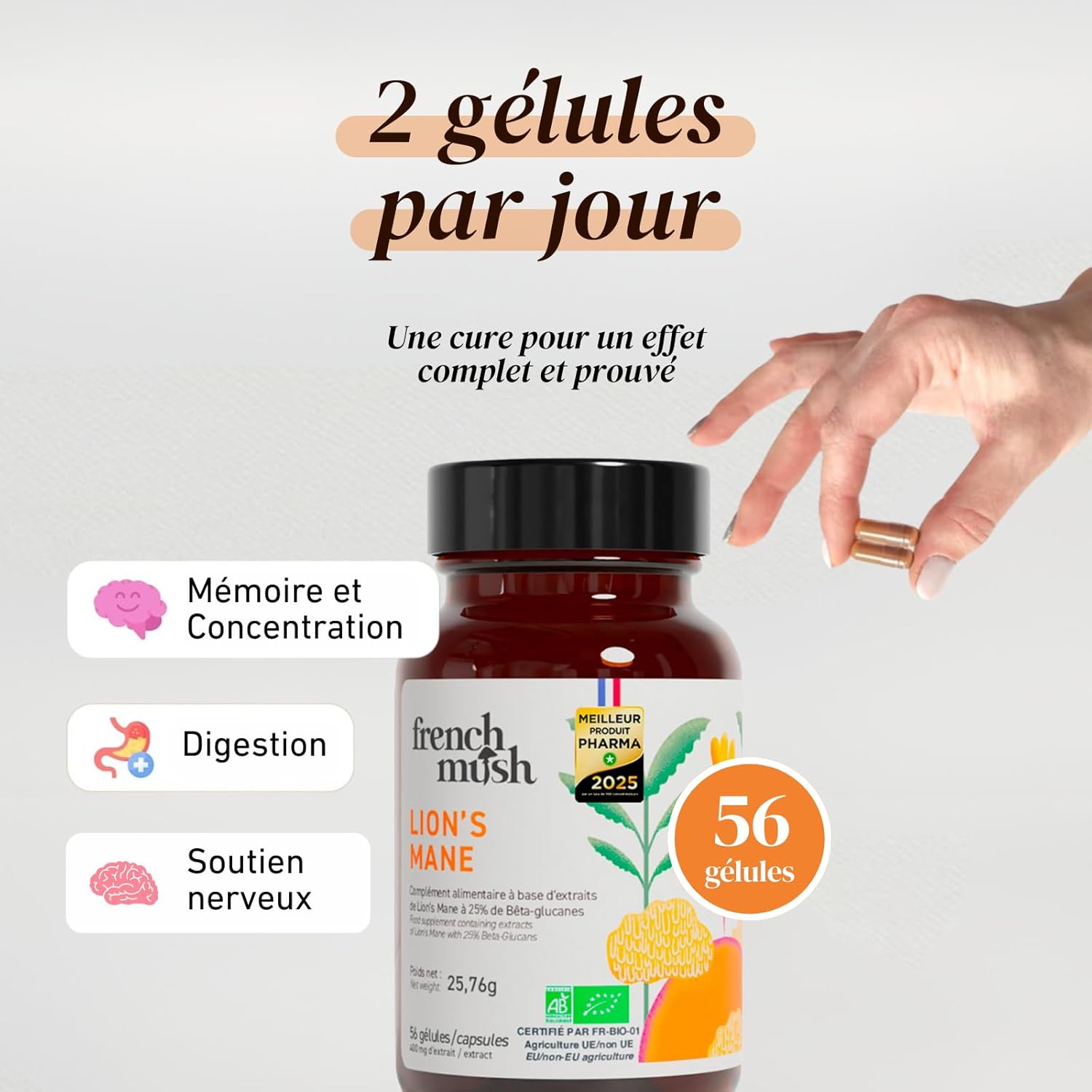 Thumbnail 3 de French Mush Lion’s Mane Bio 8000 mg – 56 gélules vegan (Hericium erinaceus) pour le cerveau et l’humeur