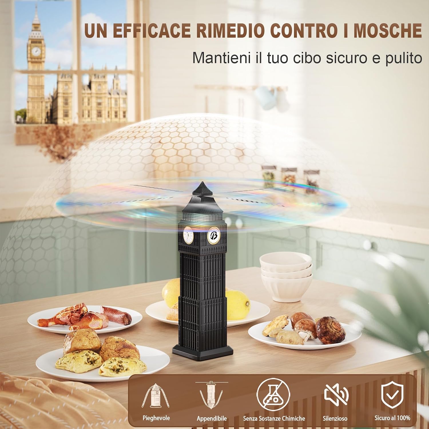 Detalle 2 de Repellente per Mosche a 4 ventole: Ventilatore Repellente Portatile da Tavolo con gancio