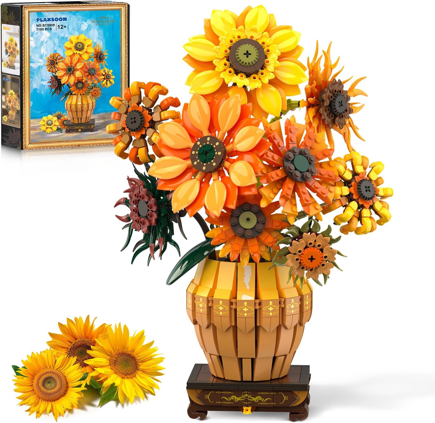 Detalle de PLAXSOON Sonnenblumen Bauspielzeugset mit Licht – 1.180-teiliger Botanical-Strauß (ab 12 Jahren)