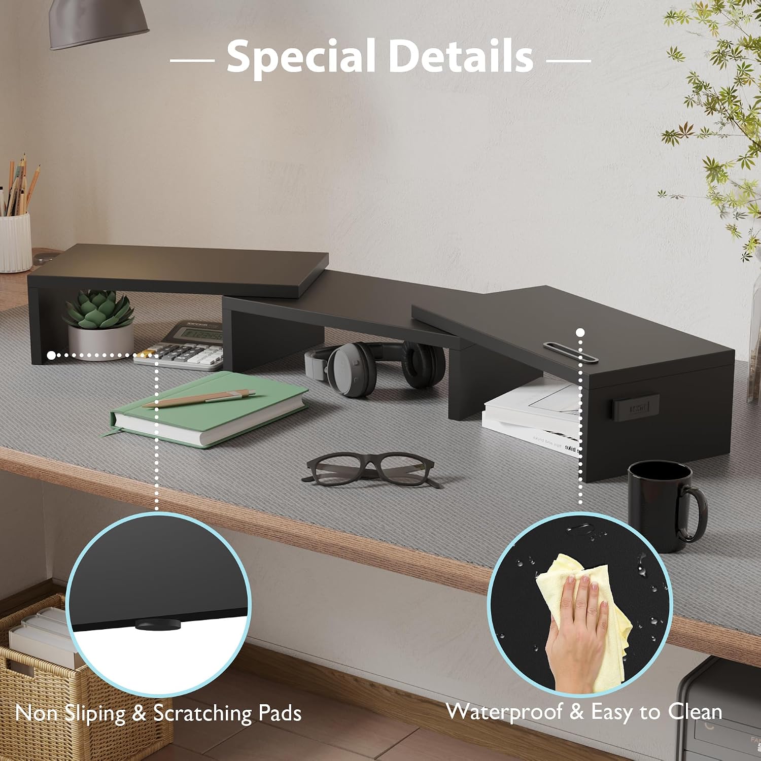 Detalle 2 de BONTEC MTR-S3 dubbele monitorstandaard van MDF met telefoonhouder