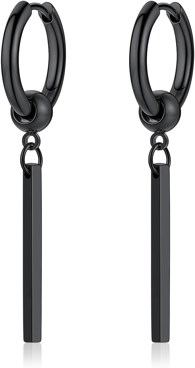 Detalle de PROSTEEL Boucles d’oreilles homme créoles 12 mm avec pendants barres en acier inoxydable 316L et placage noir