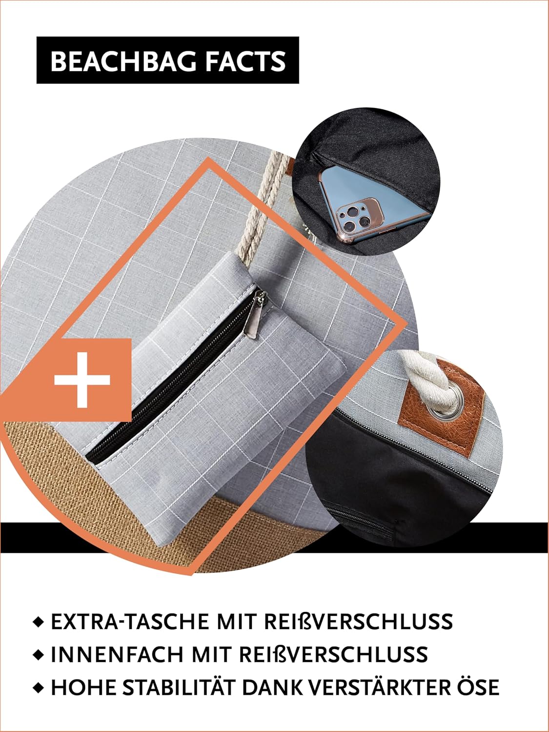 Thumbnail 2 de DonDon XXL Strandtasche mit Reißverschluss – Großer Einkauf- und Strandbegleiter in Kariert Grau