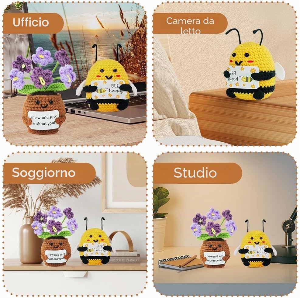 Detalle de Vicloon Mini Positive Doll: pianta in vaso fatta a maglia con citazione positiva