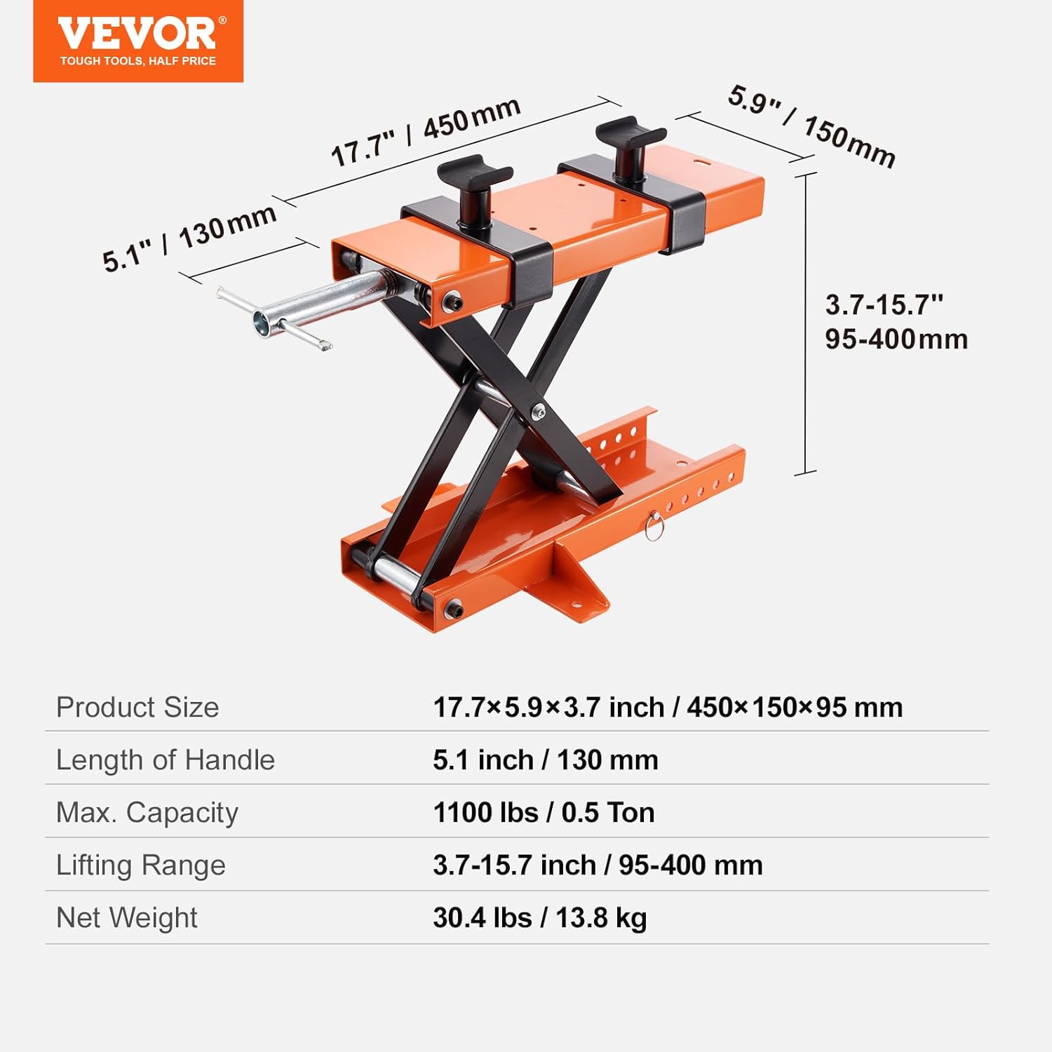 Thumbnail 6 de VEVOR Ponte sollevatore idraulico a forbice per moto (max 500 kg), altezza regolabile 8,9–33,8 cm