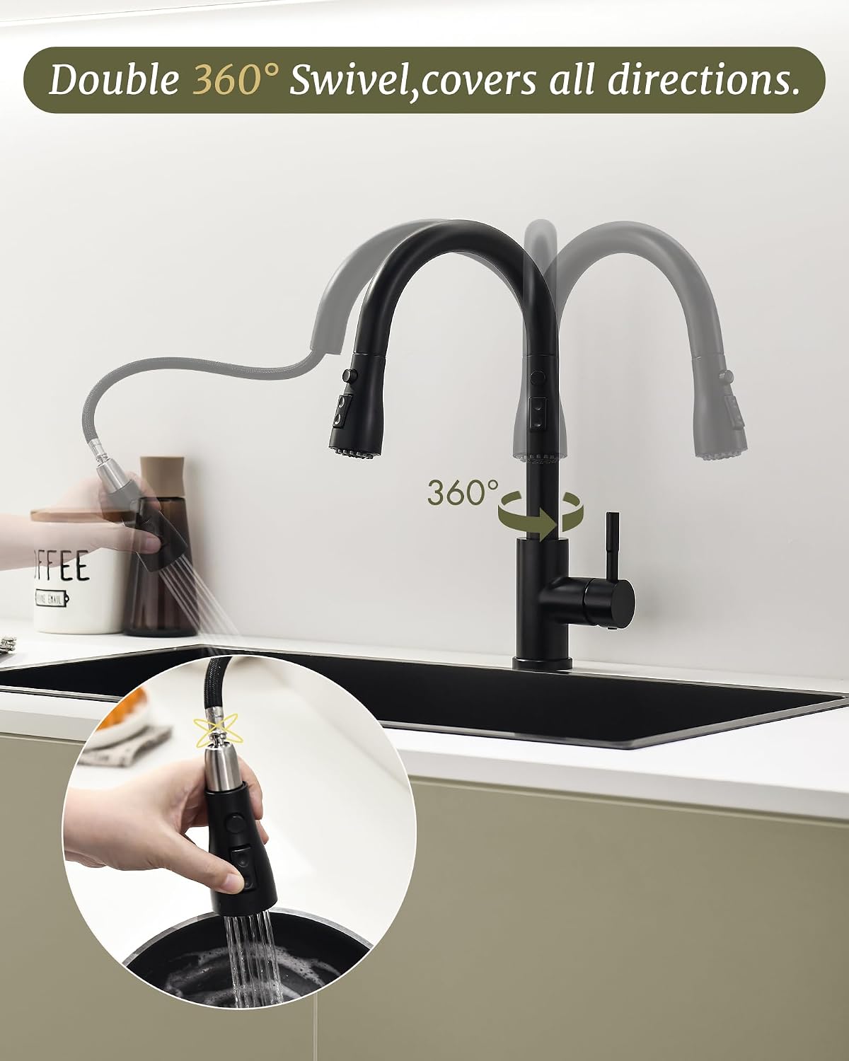 Thumbnail 3 de GIMILI Matte Black Pull-Down Kitchen Faucet with 360° Swivel and Three Spray Modes