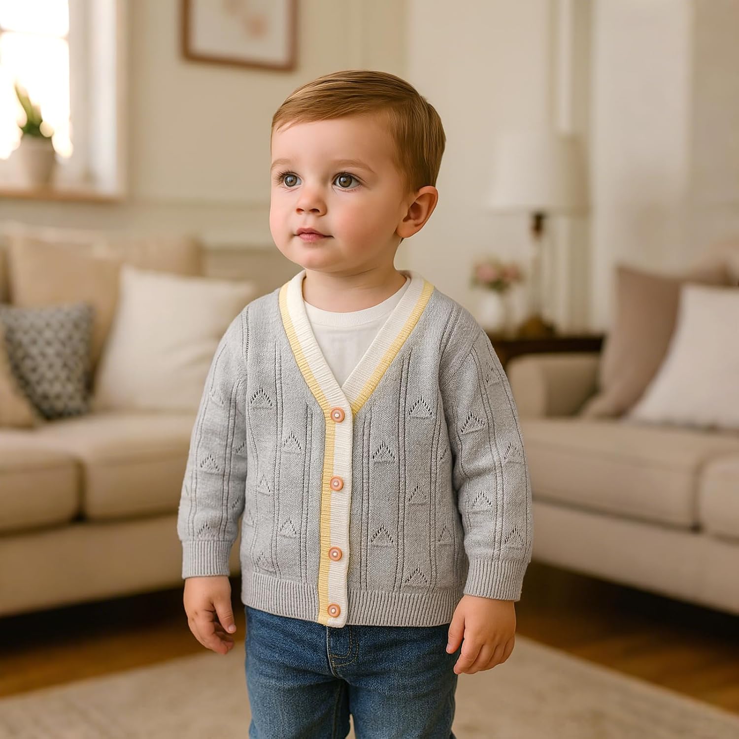 Detalle de Fnaobai Toddler Boys Cardigan Sweater: Soft Cotton Knit with V-Neck and Windproof Cuffs