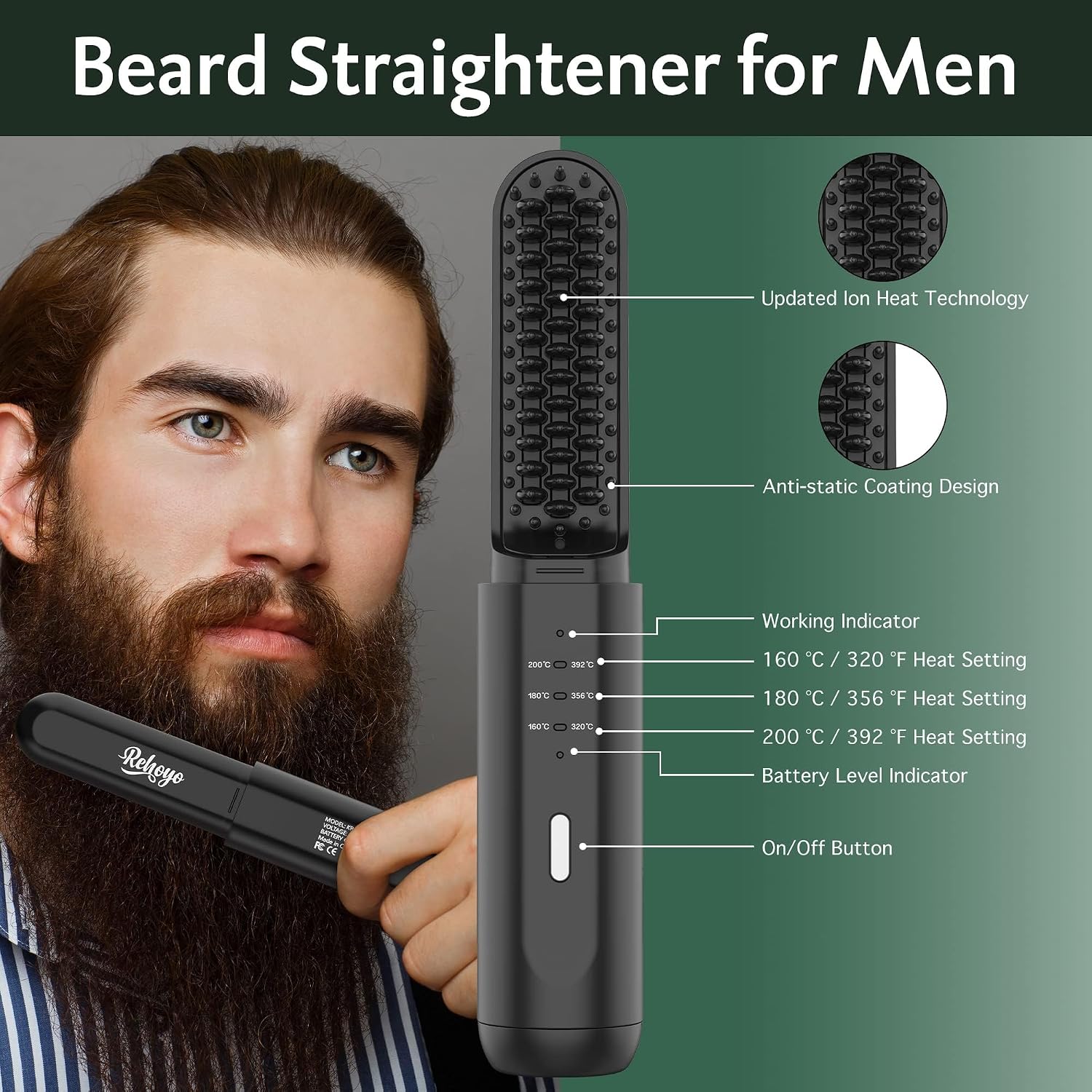 Detalle 2 de REHOYO KR017 Cordless Beard Straightener Brush, USB-C, 3 Heat Settings
