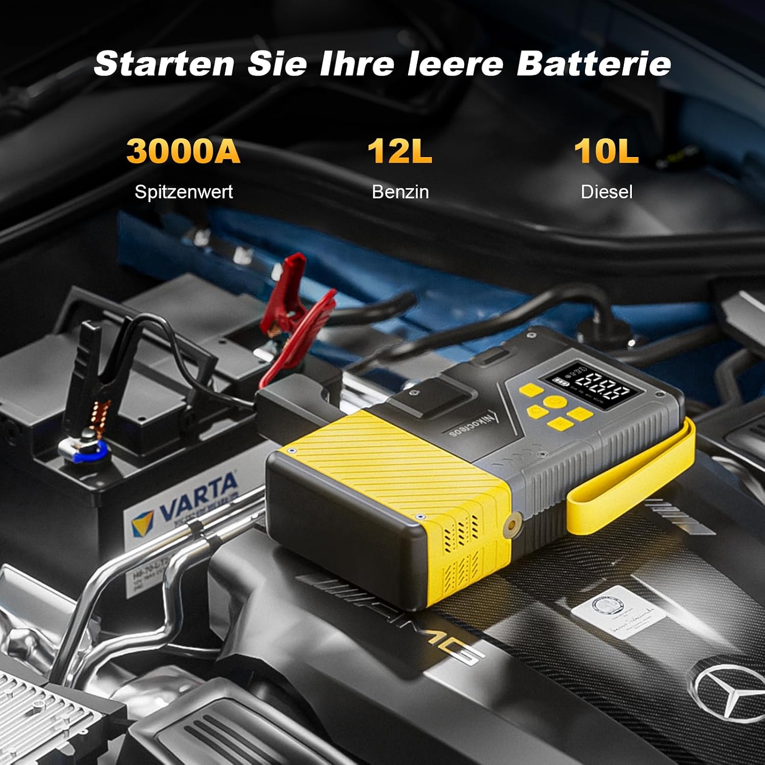 Detalle de Starthilfe Powerbank Tragbarer Jump Starter mit Luftkompressor – 3000A, 150 PSI