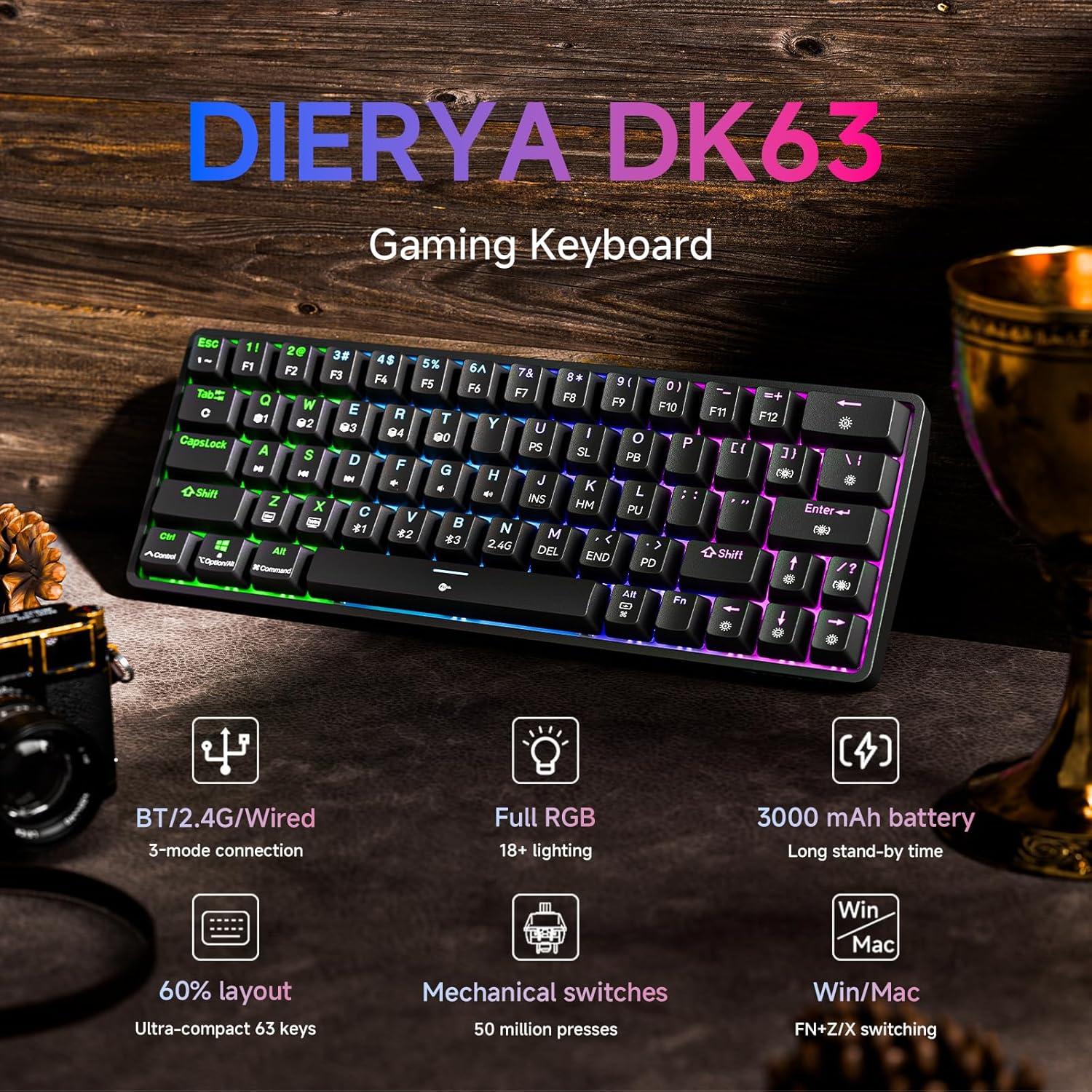 Thumbnail 1 de Dierya DK63 Clavier gamer sans fil 60% mécanique à 63 touches (Bluetooth/2,4 GHz/USB‑C) avec rétroéclairage RGB