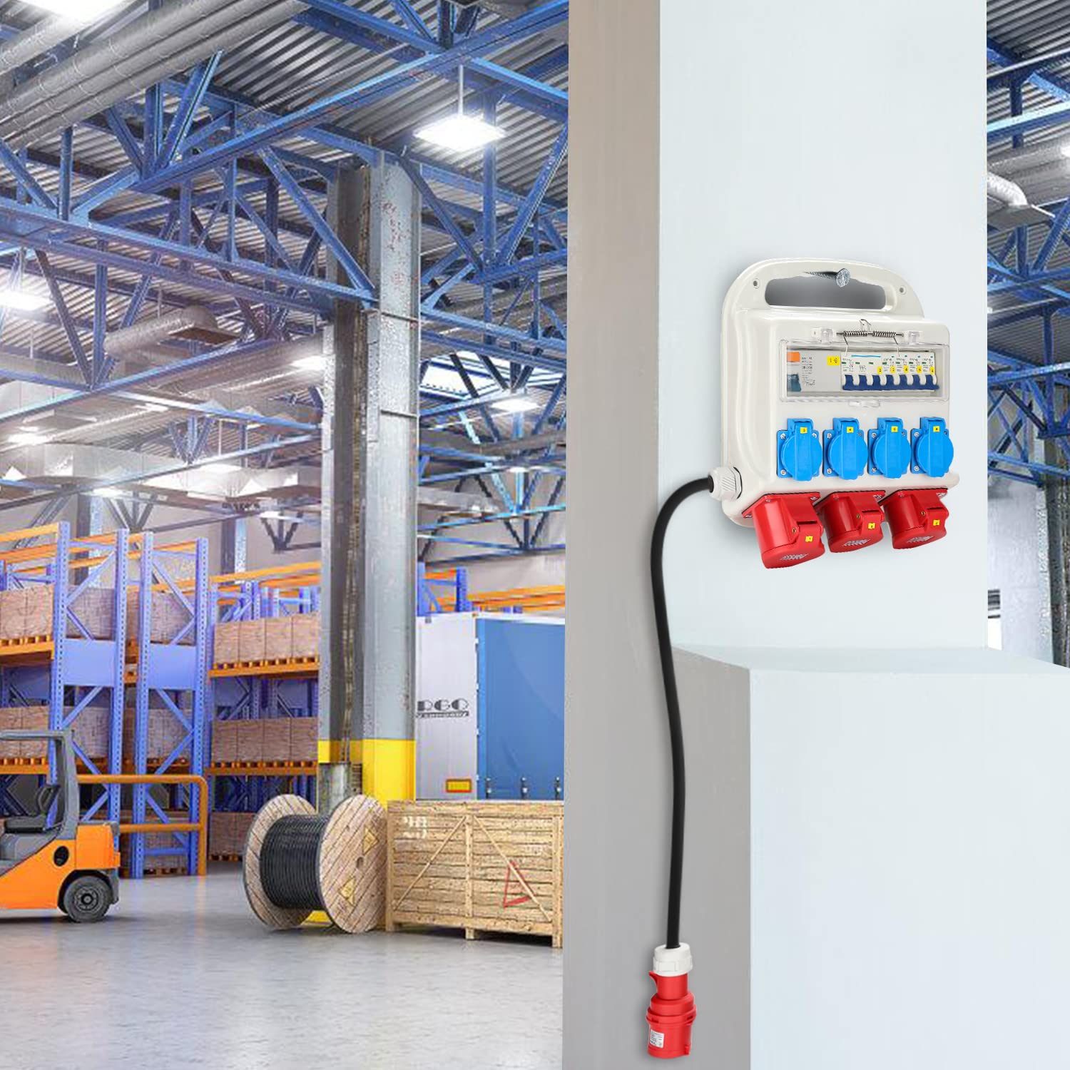 Detalle de Fiqops Baustromverteiler 32A – Wandverteiler mit FI/LS-Schutz, 4x230V, 2xCEE 16A, 1xCEE 32A, IP44