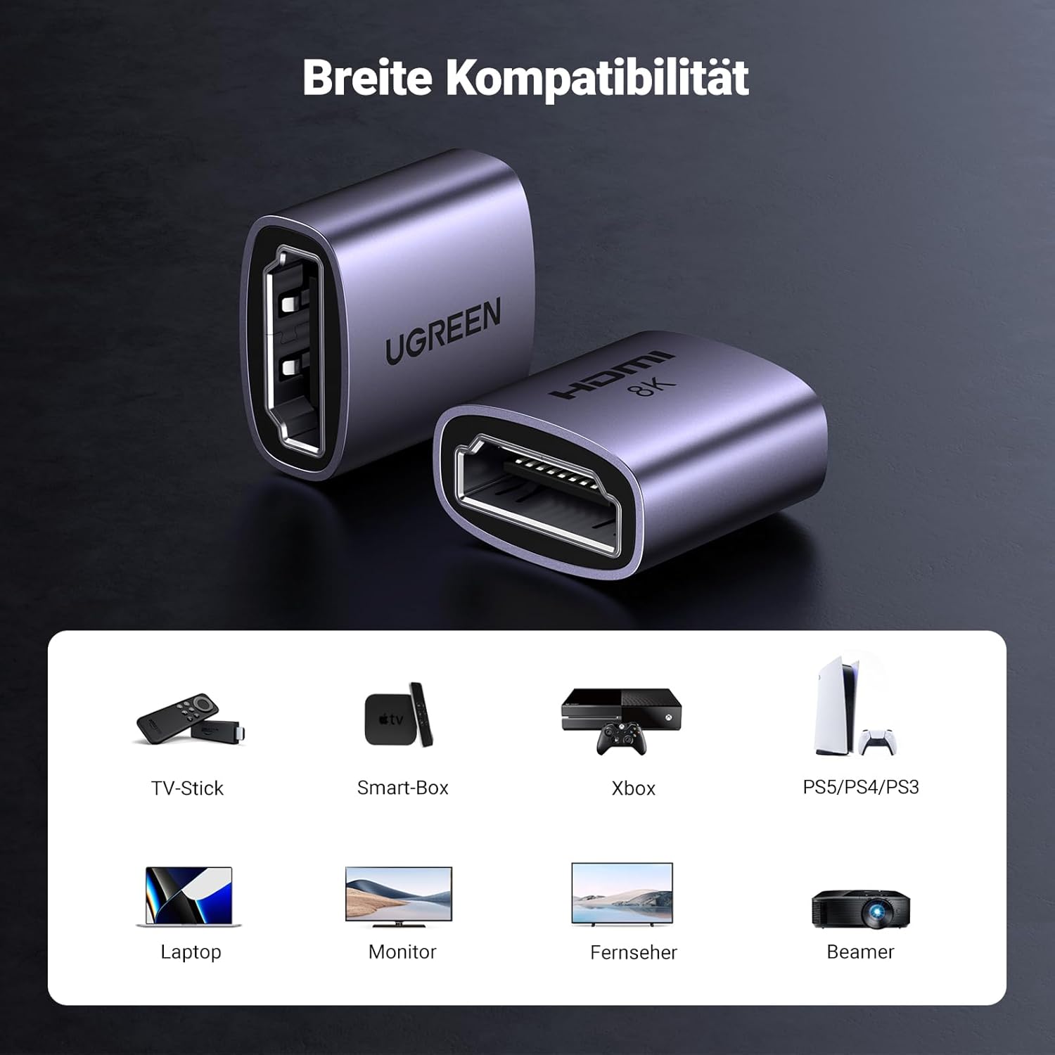 Thumbnail 5 de UGREEN HDMI 2.1 Kupplung (2 Stück) – Buchse-auf-Buchse Adapter bis 48 Gbps für 8K/10K, 4K120 & ARC (u. a. PS5, Xbox, TV, Soundbar)