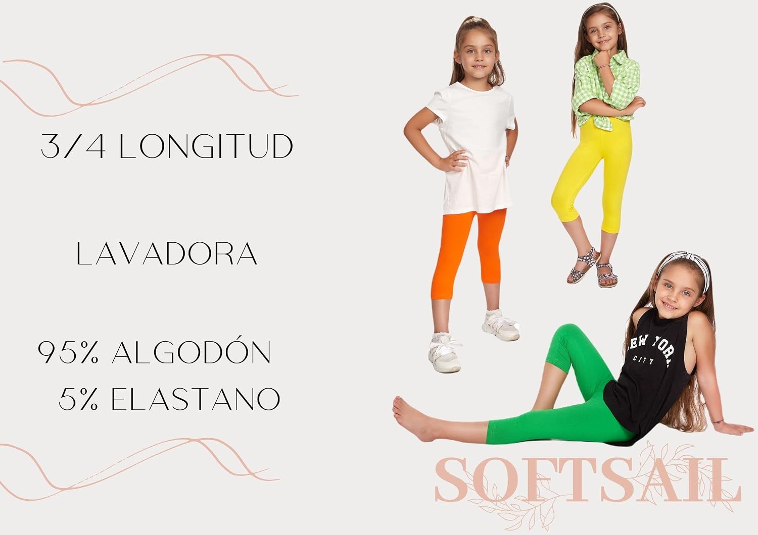 Detalle de SOFTSAIL Girls 3/4 Capri Leggings – Cotton, Breathable and Stretchy for Active Kids