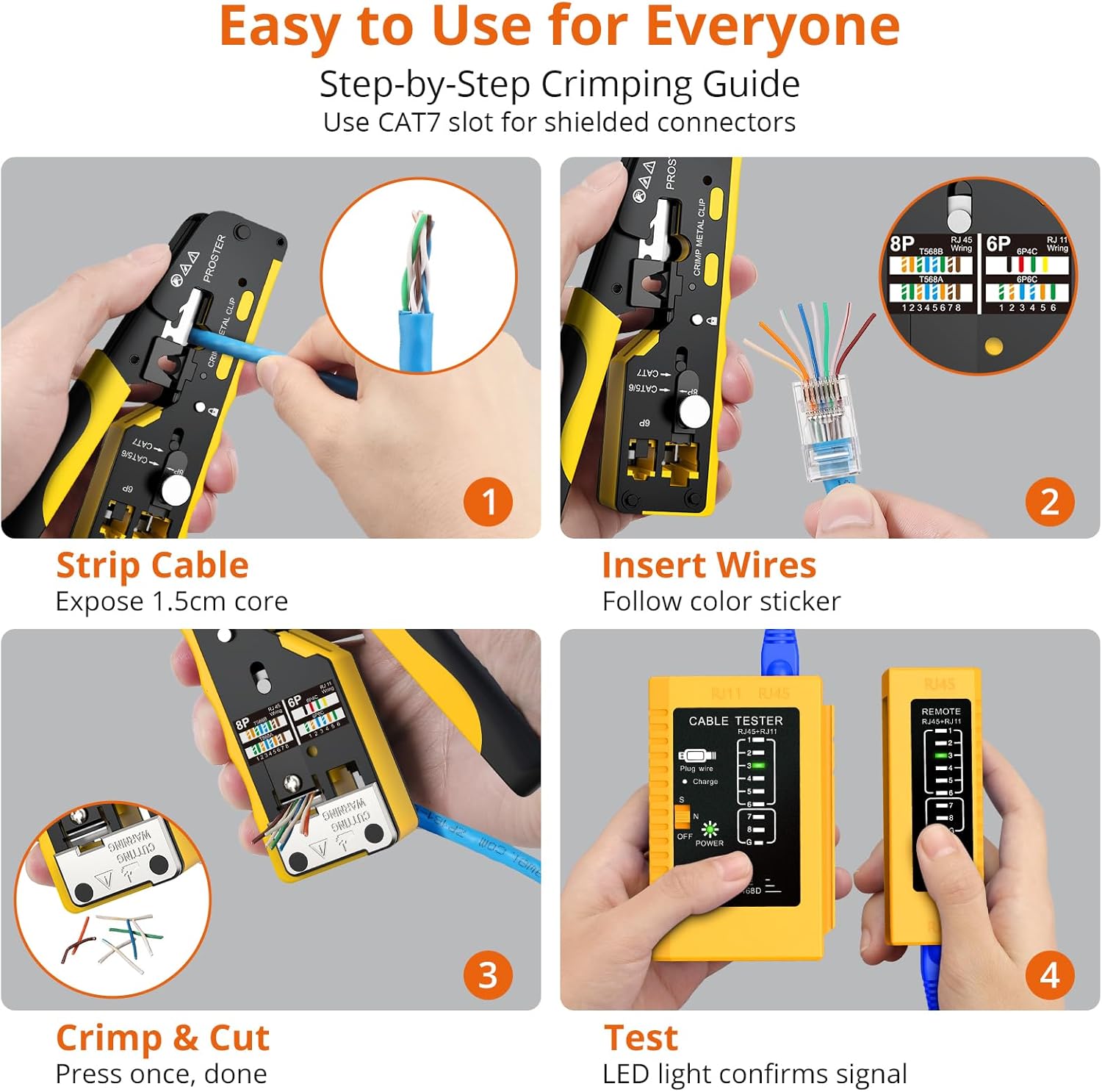 Thumbnail 6 de Proster pinza crimpatrice RJ45 CAT7 con passante e kit completo (20 connettori + tester di rete ricaricabile)