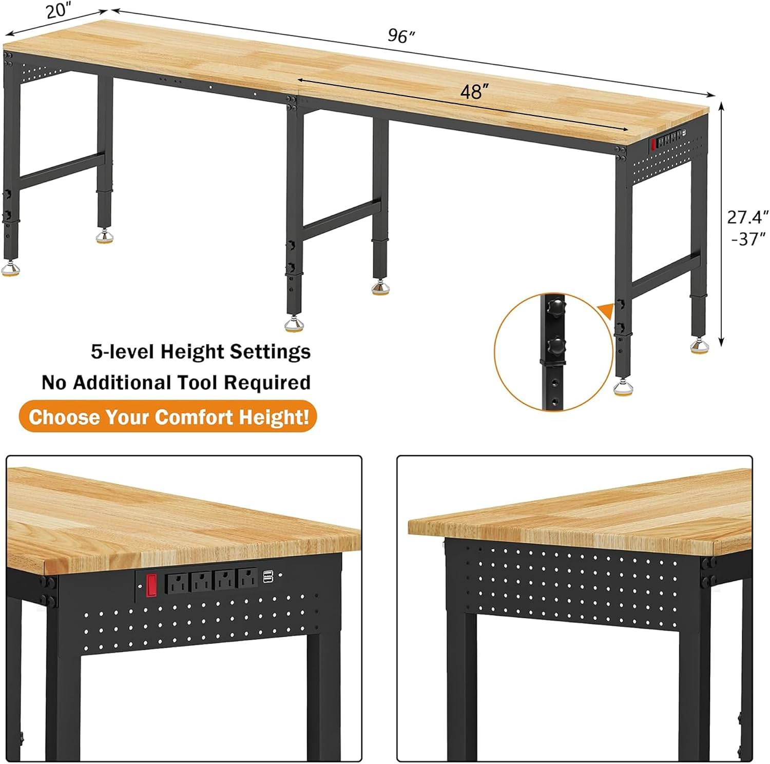 Detalle de Betterhood 001 Convertible Adjustable Workbench, 96-Inch Rubber Wood Top