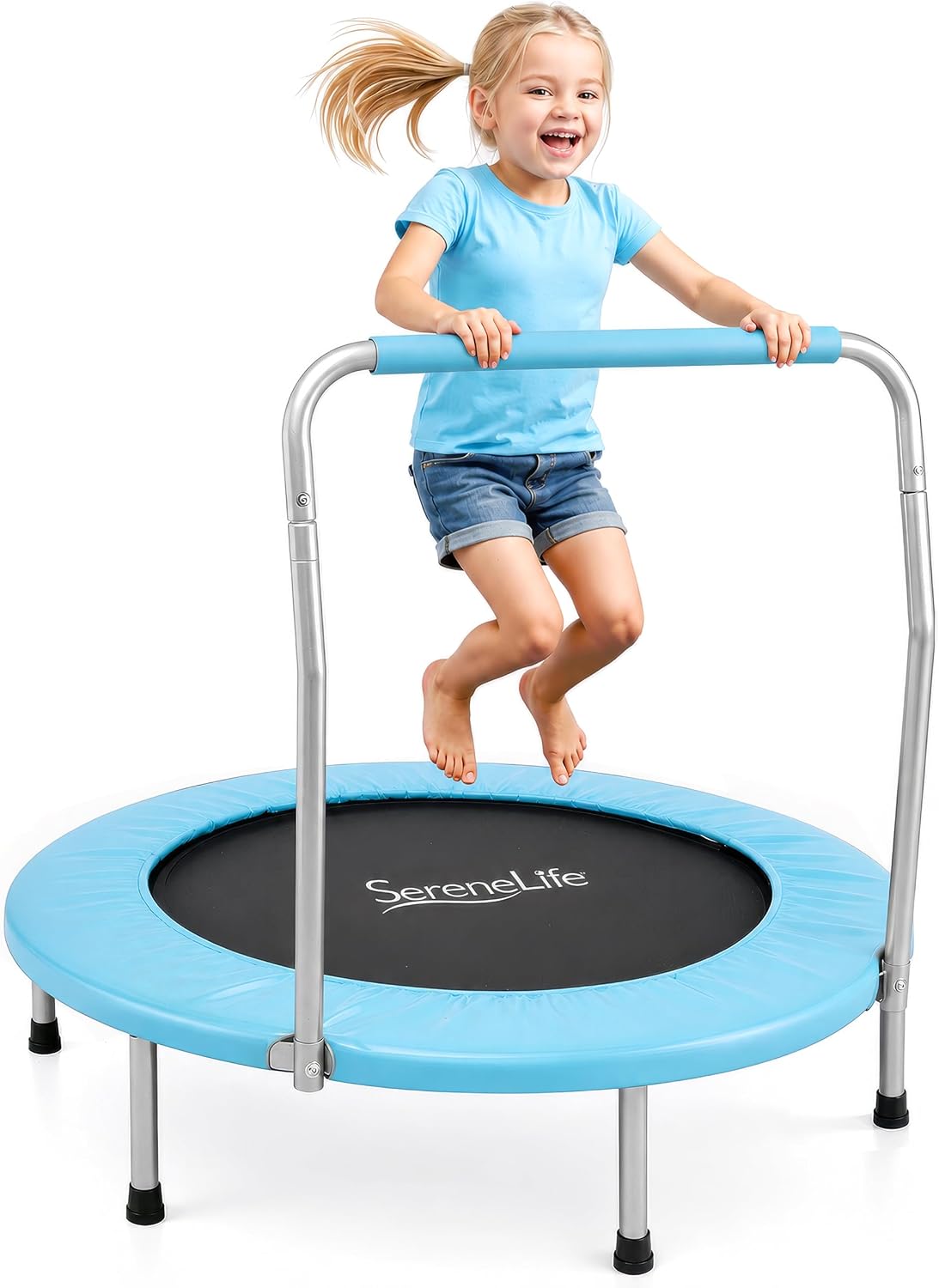 Detalle de SereneLife SLELT367 opvouwbare fitnesstrampoline, rond, met schuimhandgreep