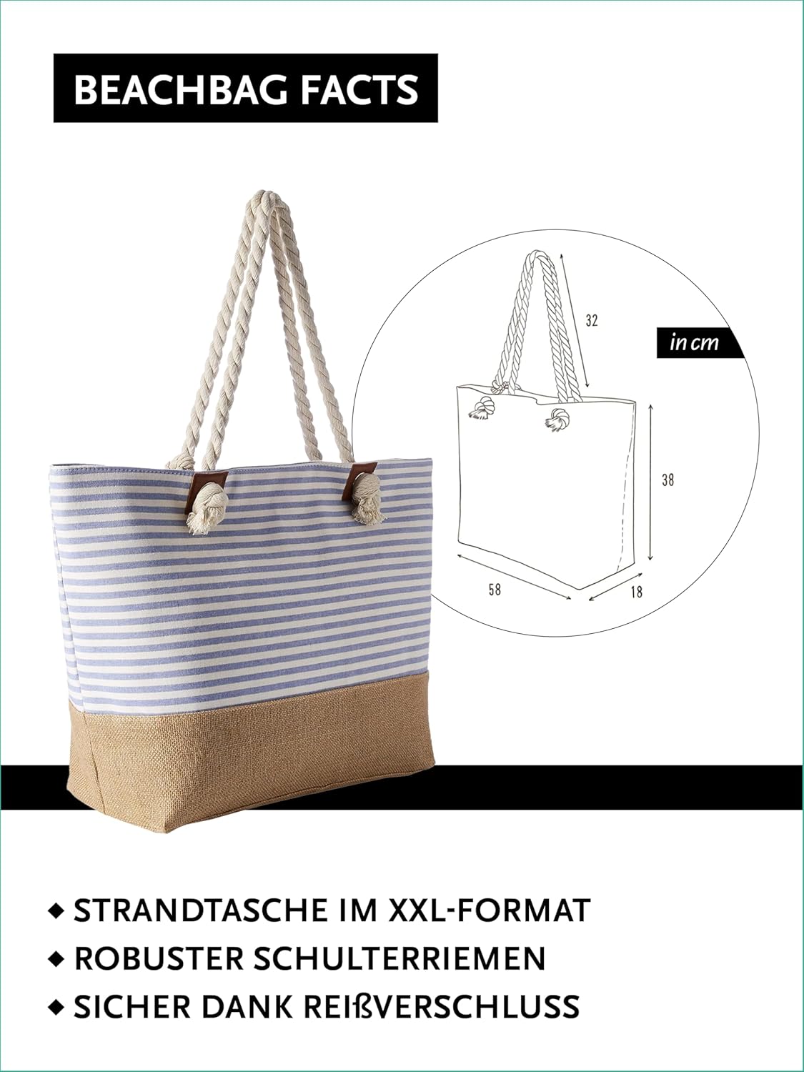 Thumbnail 1 de DonDon Strandtasche mit Reißverschluss – XXL Shopper/Umhängetasche für Strand & Meer