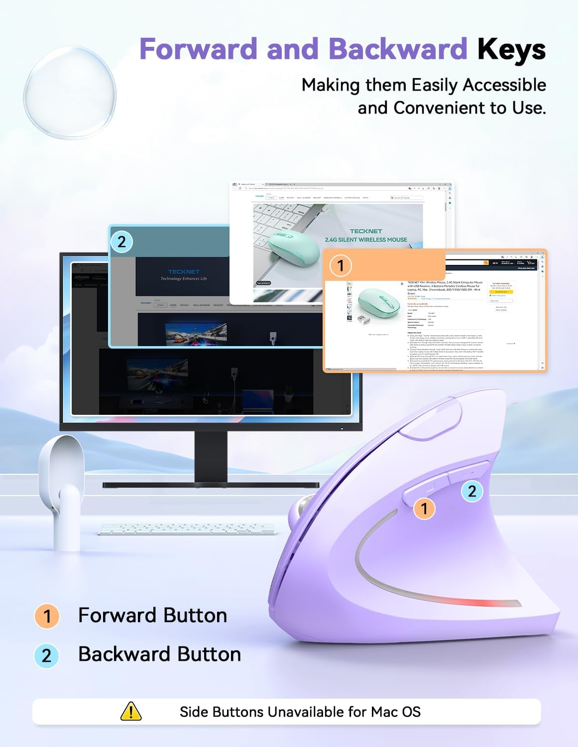 Thumbnail 3 de TECKNET Ergonomic Vertical Mouse (4800DPI) Wireless 6-Button Silent Purple