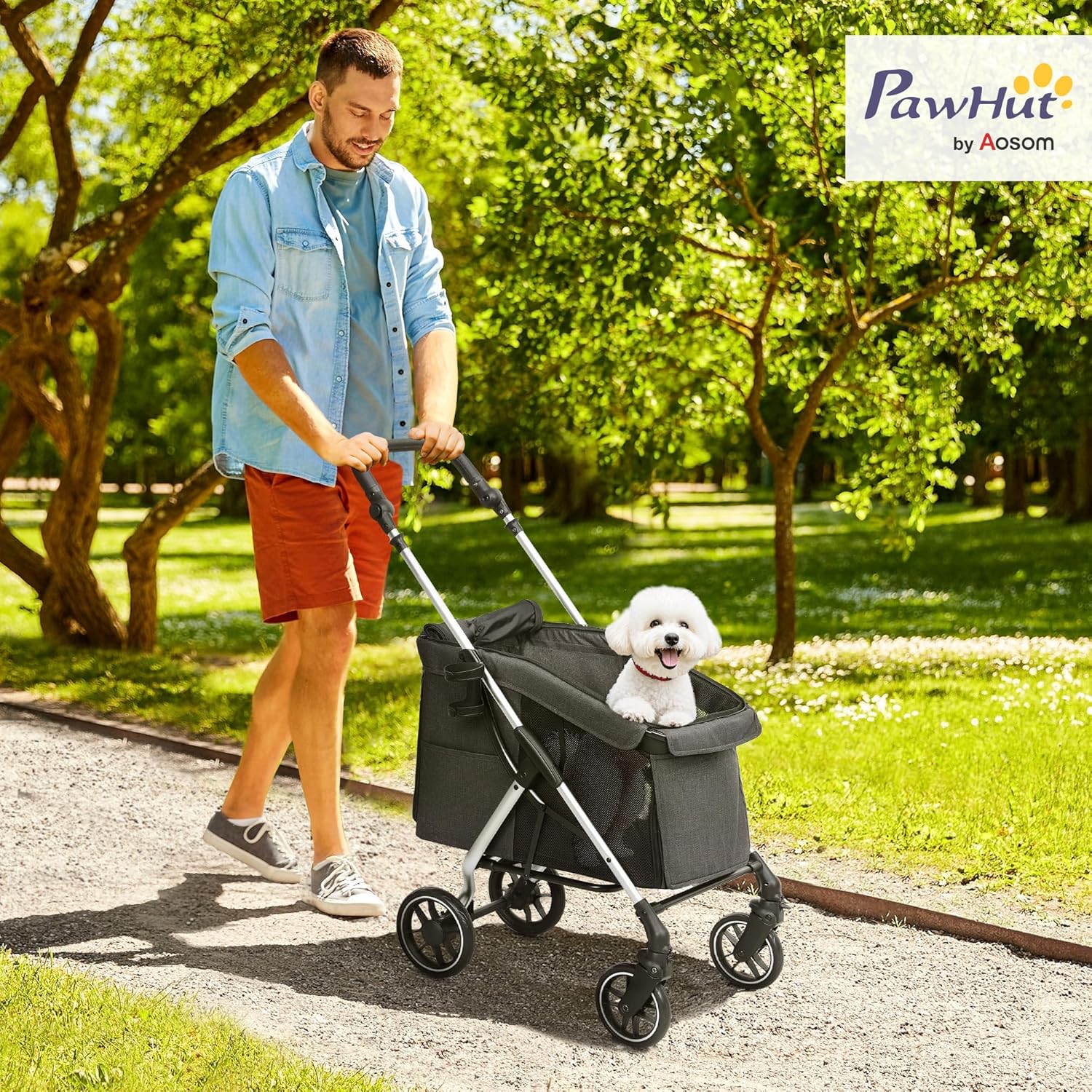 Thumbnail 1 de PawHut poussette buggy pliable pour chien (porte-gobelets, roues frein 360°) – gris