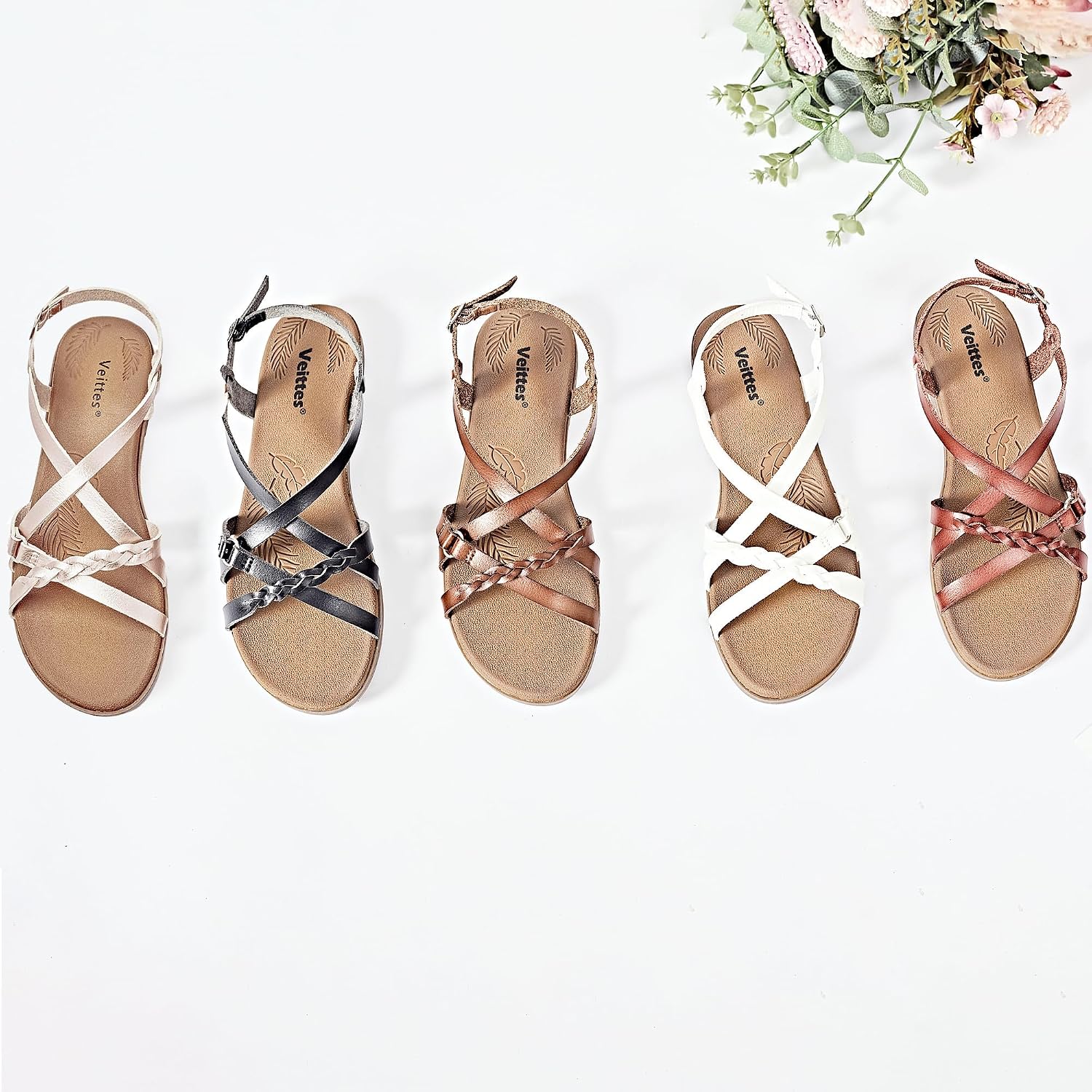 Detalle 2 de Veittes Women's Casual Flat Slide Sandals with Fashion Braided Cross Straps and Adjustable Ankle Straps
