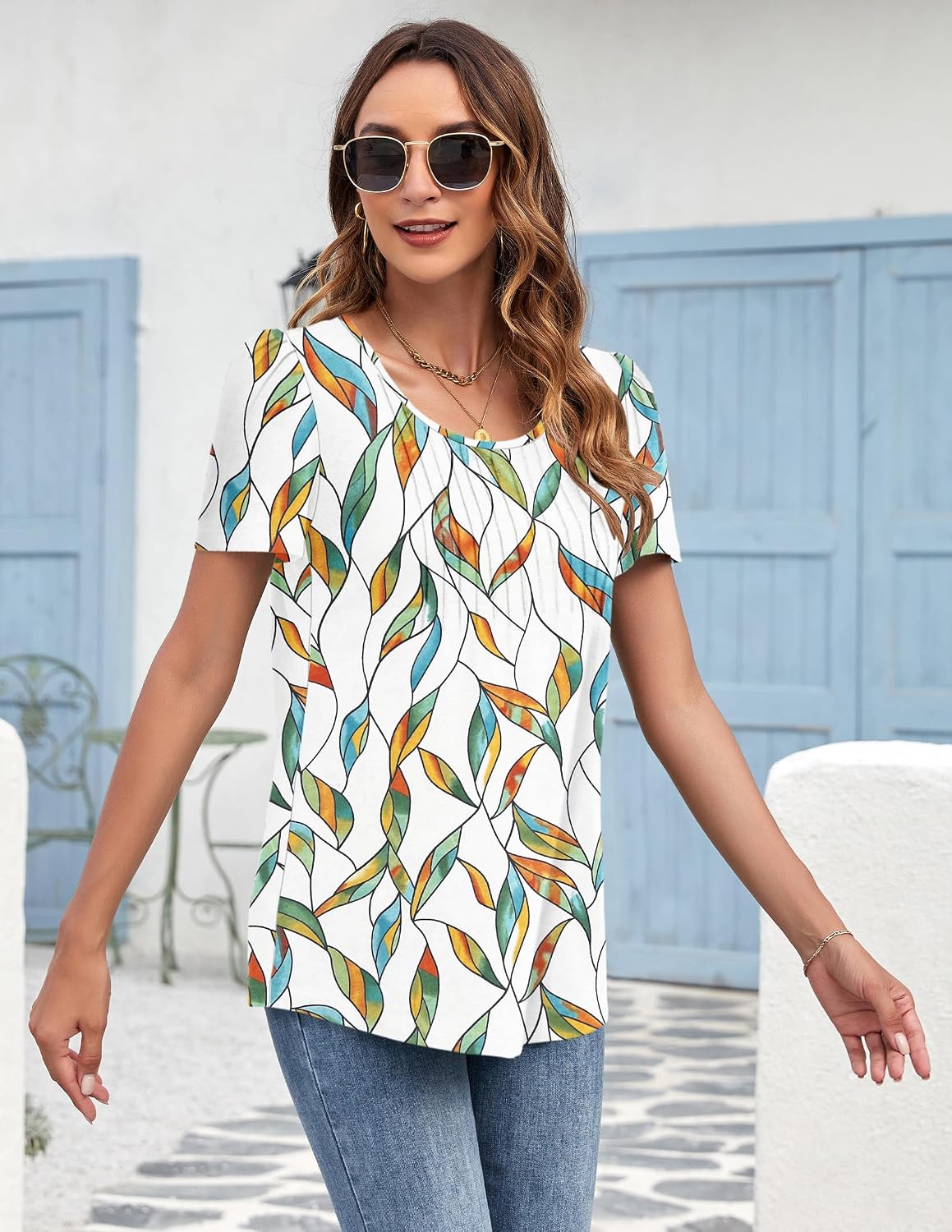 Detalle de MOLERANI Ladies Tops Round Neck Loose Casual Pleated T Shirt