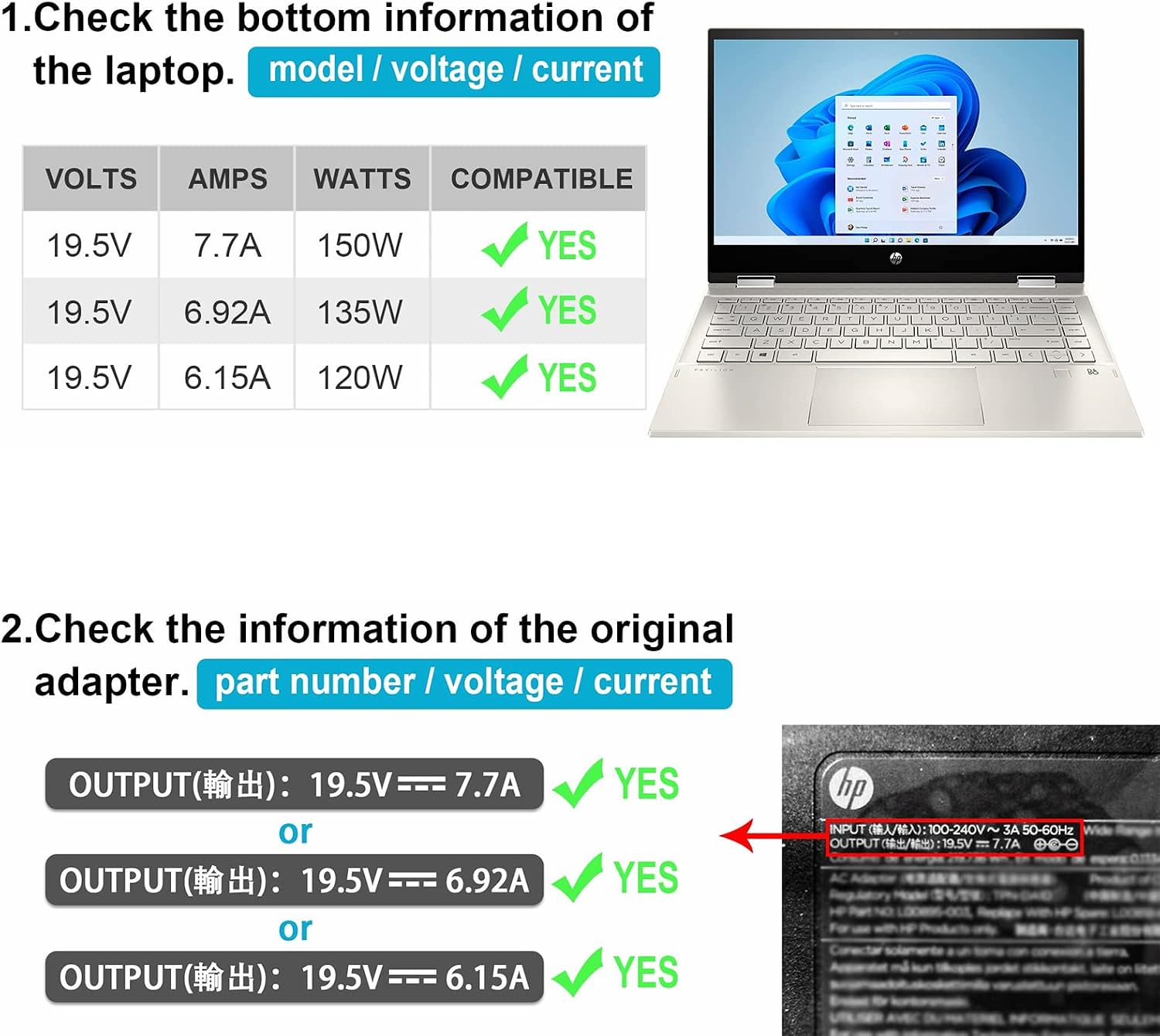 Detalle 2 de 150-W HP Laptop Netzteil 19,5V 7,7A (4,5×3,0 mm, blau) für Omen / Pavilion Gaming / ZBook Studio