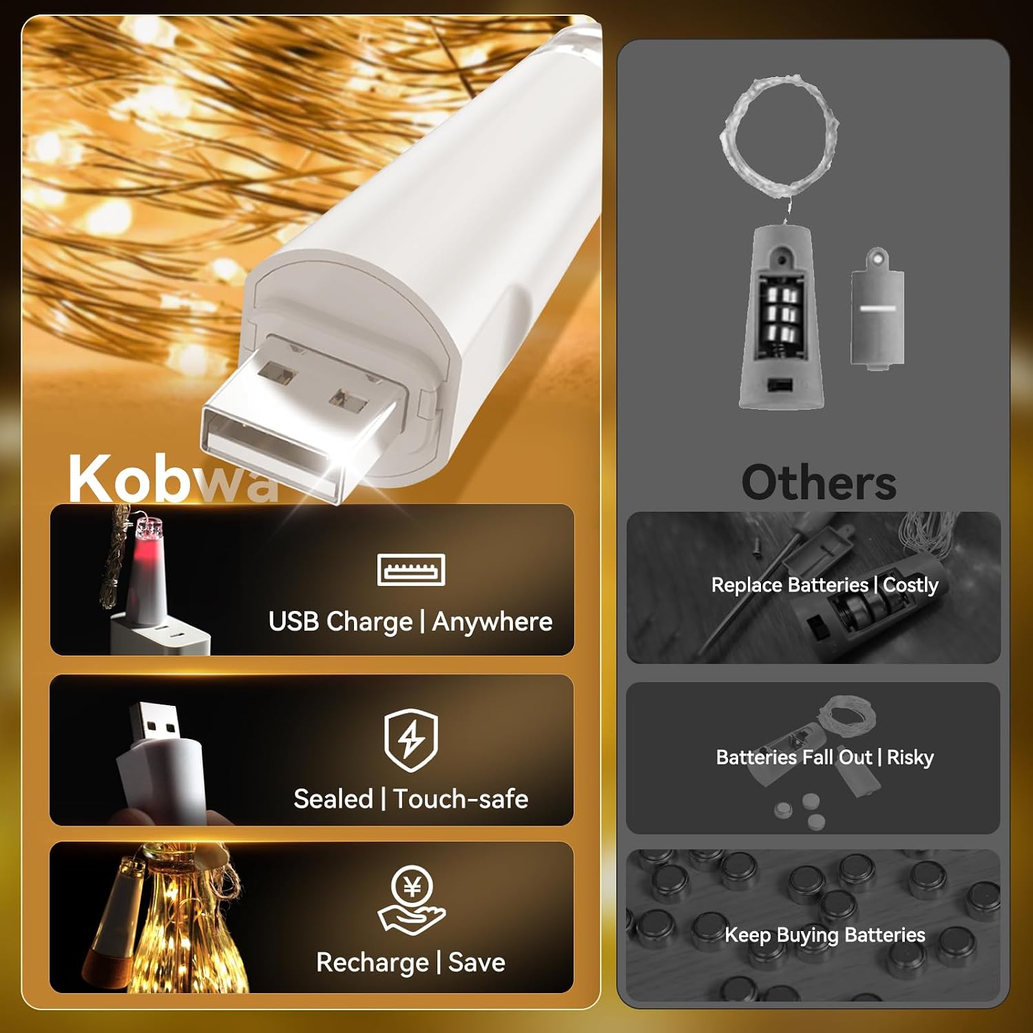 Detalle de KOBWA Luci per bottiglie con sughero: set multicolore ricaricabile USB, 16 pezzi