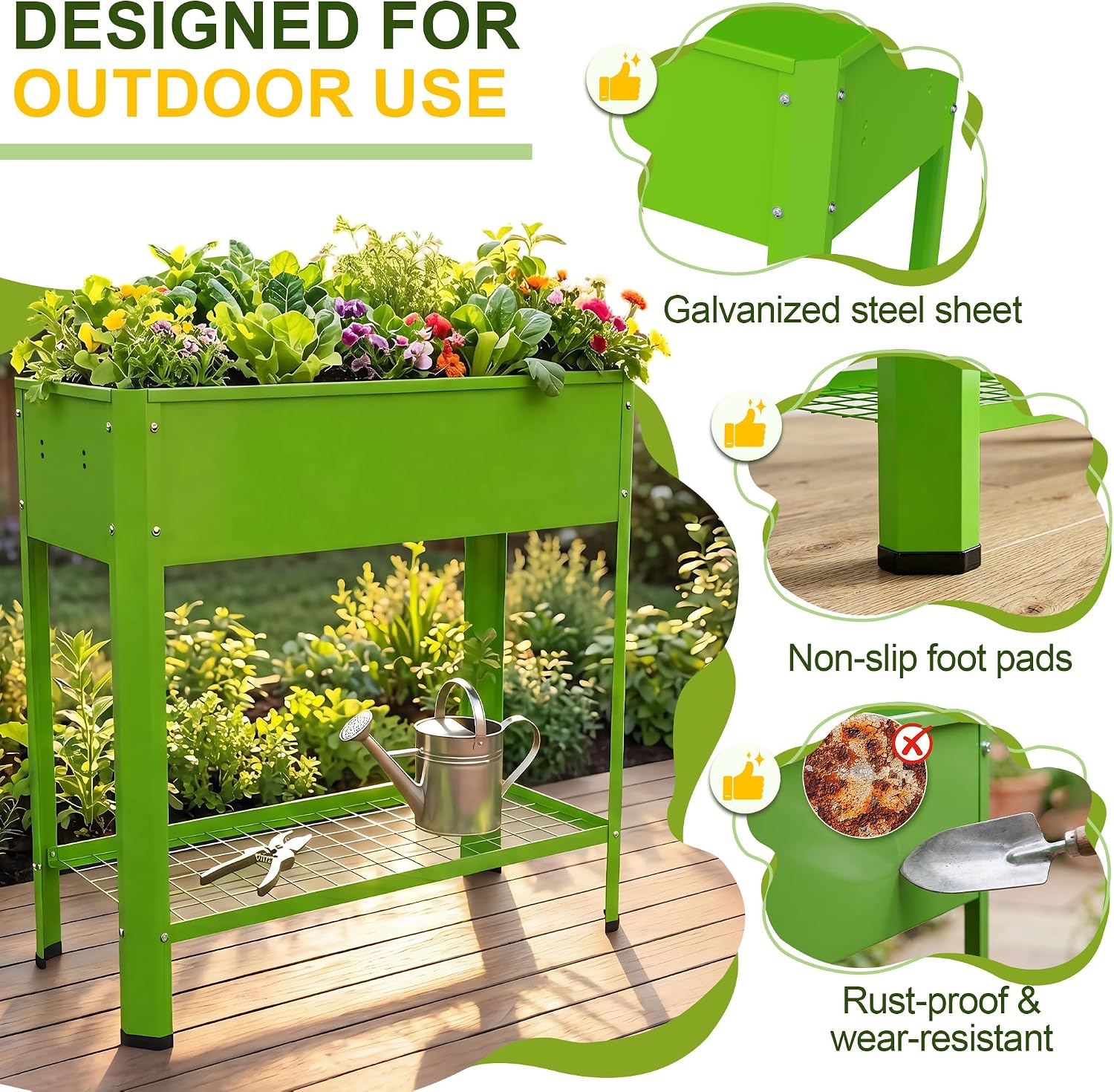 Detalle 2 de UISEBRT Raised Bed with Shelf, Green Metal Planter, 80 x 35 x 80 cm