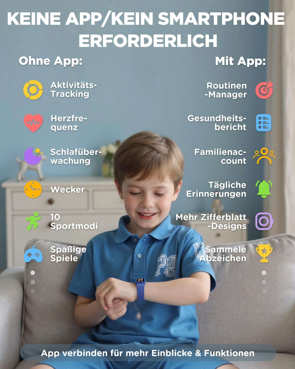 Detalle de BIGGERFIVE Vigor 3 Kinder Fitness Armband Uhr – AMOLED Display, 3ATM, Schlaftracker, pulsuhren-für-Kinder 5–12 Jahre, Blau