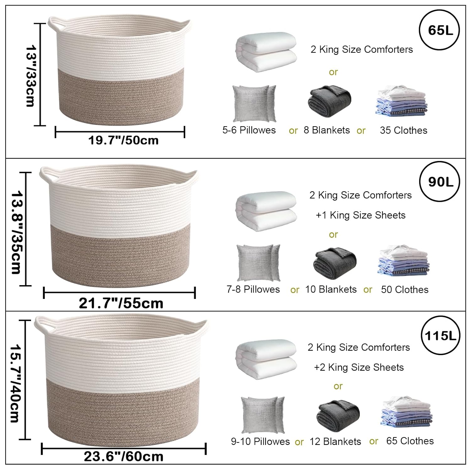 Thumbnail 1 de HZFTJOY 65L Large Blanket Basket (19.7 in x 19.7 in x 13 in) Rope Woven Storage Bin with Handles