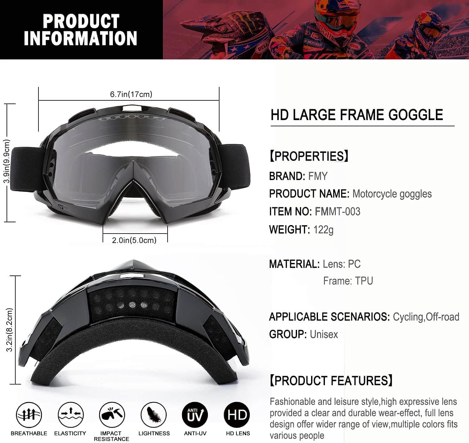 Detalle de FMY Motorcycle Motocross Goggles for Men, Women & Youth – UV400, Anti-Scratch, Anti-Fog, TPU Frame