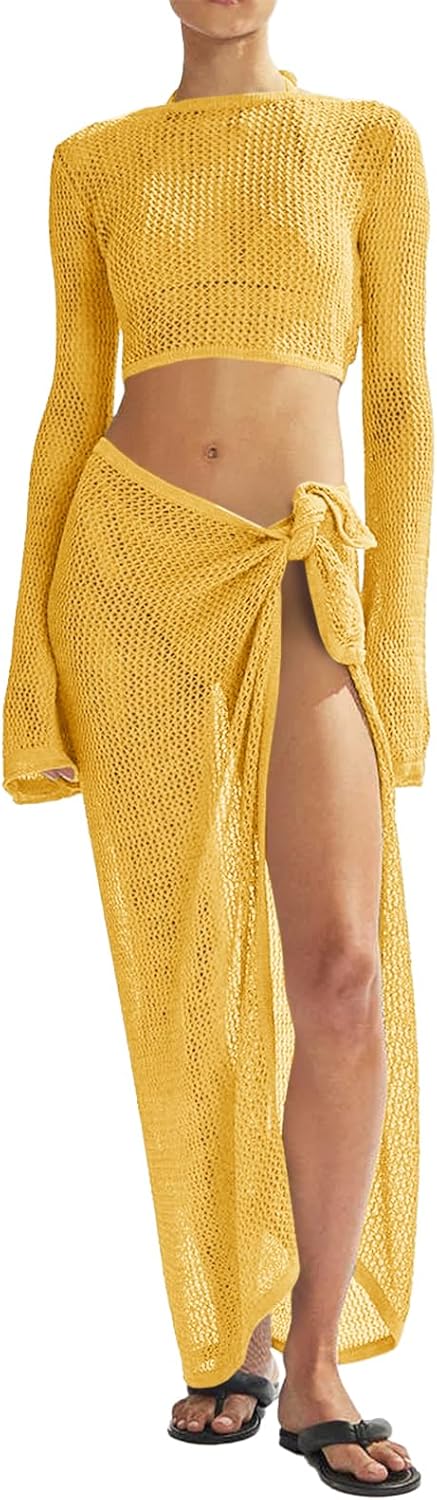 Thumbnail 5 de LANNEW Women's Crochet 2-Piece Swim Cover Ups Set: Hollow Out Mesh and Crochet Beachwear
