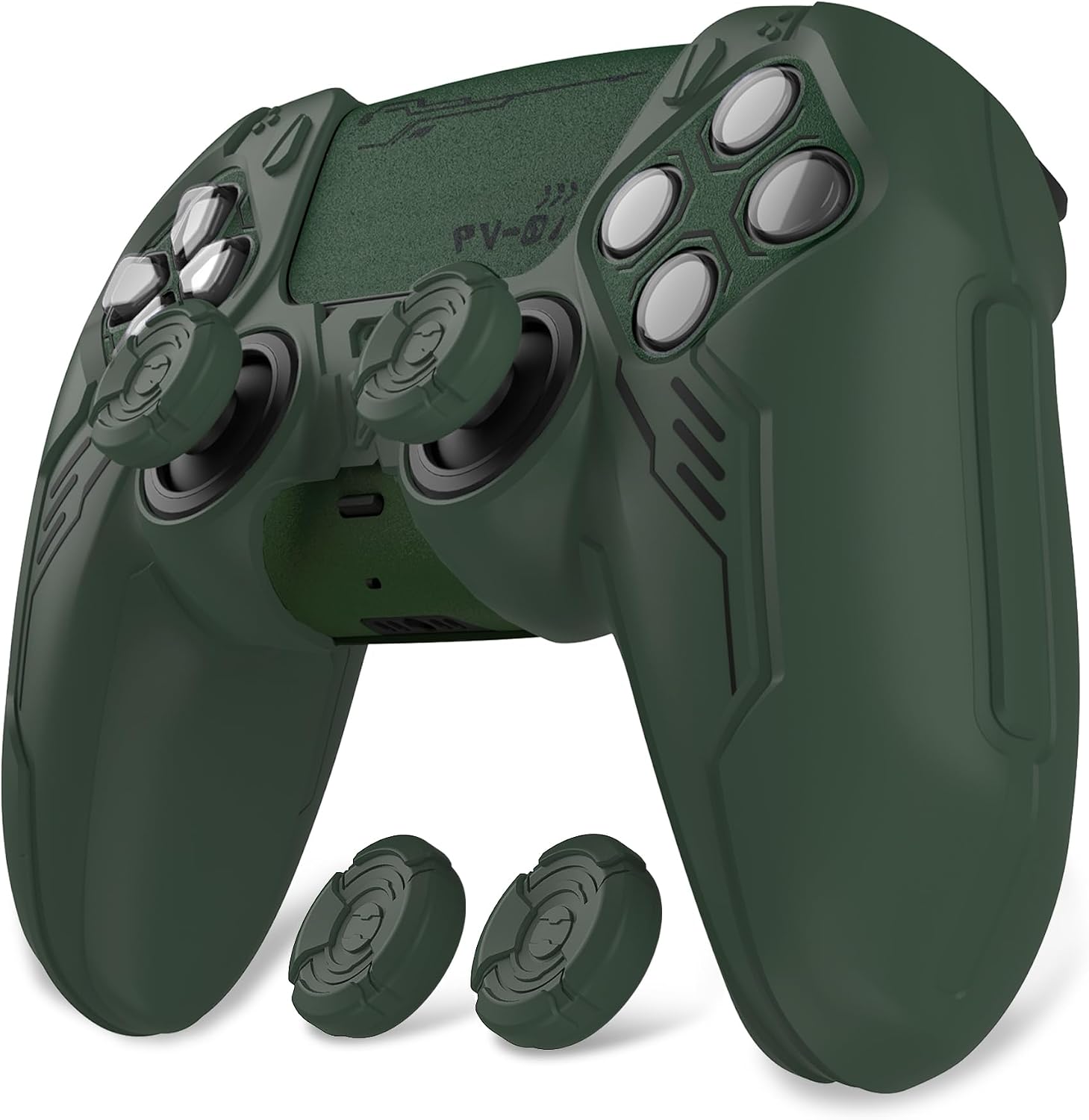 Detalle de PlayVital Mecha Edition Silicone Cover for PS5 Controller (Green) – Anti-Slip, Shockproof, with Joystick Caps & Stickers