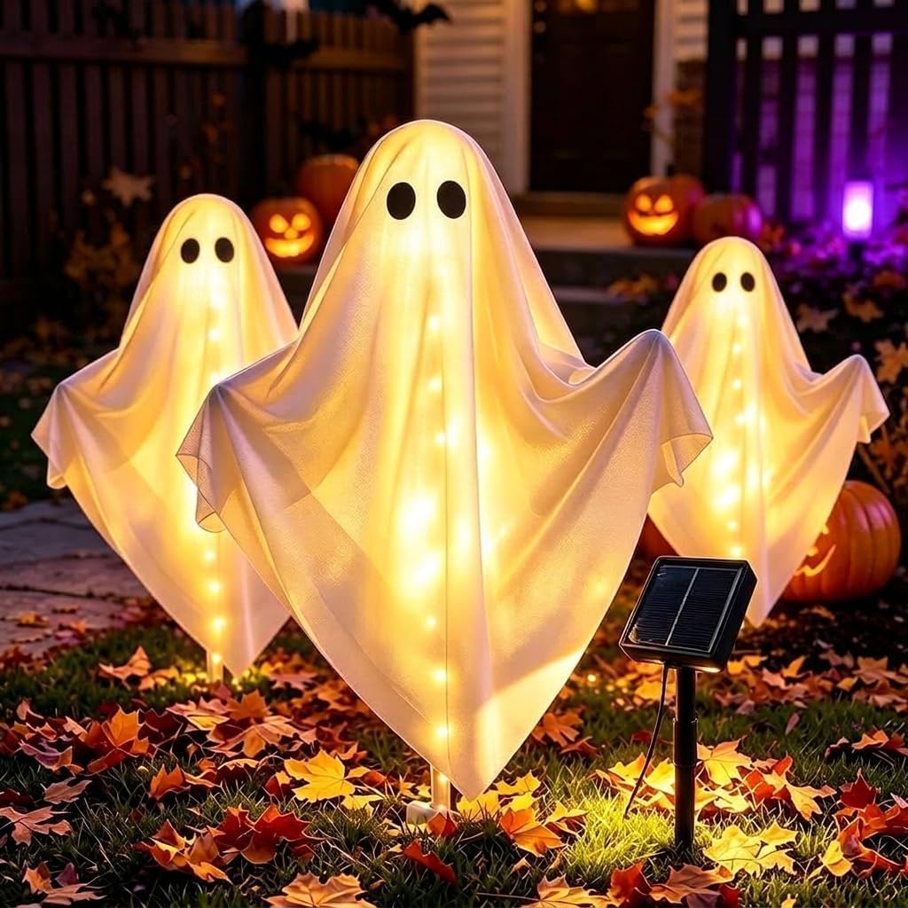 Detalle de Albelt Solar Light Outdoor Ghost Halloween Lights, 3-Pack, Warm White, 8 Modes
