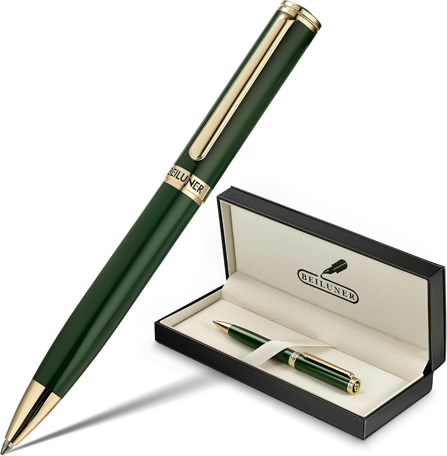 Detalle de BEILUNER Penna a gel lusso con finitura oro 24K e lacca verde piano (set regalo retrattile)