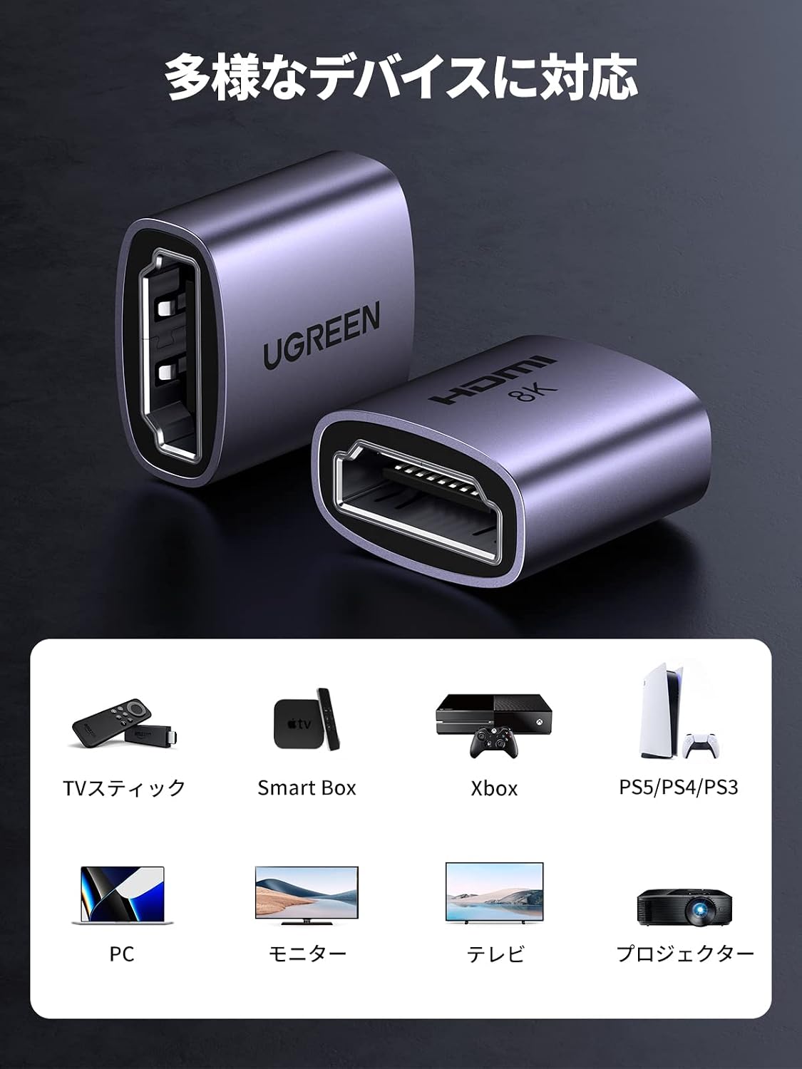 Detalle 2 de UGREEN 90594 HDMI中継アダプター HDMI2.1 8K@60Hz対応 メス-メス 2個セット