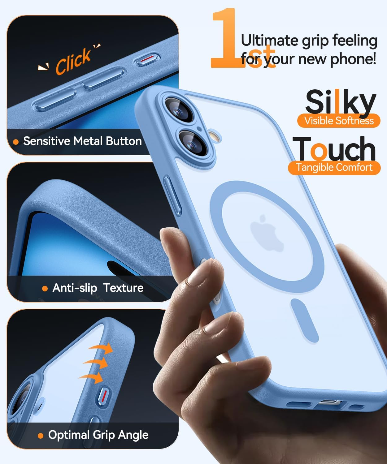 Detalle de CANSHN Magnetic iPhone 16 Case (6.1") with full camera protection, MagSafe compatible and matte translucent finish – Light Blue