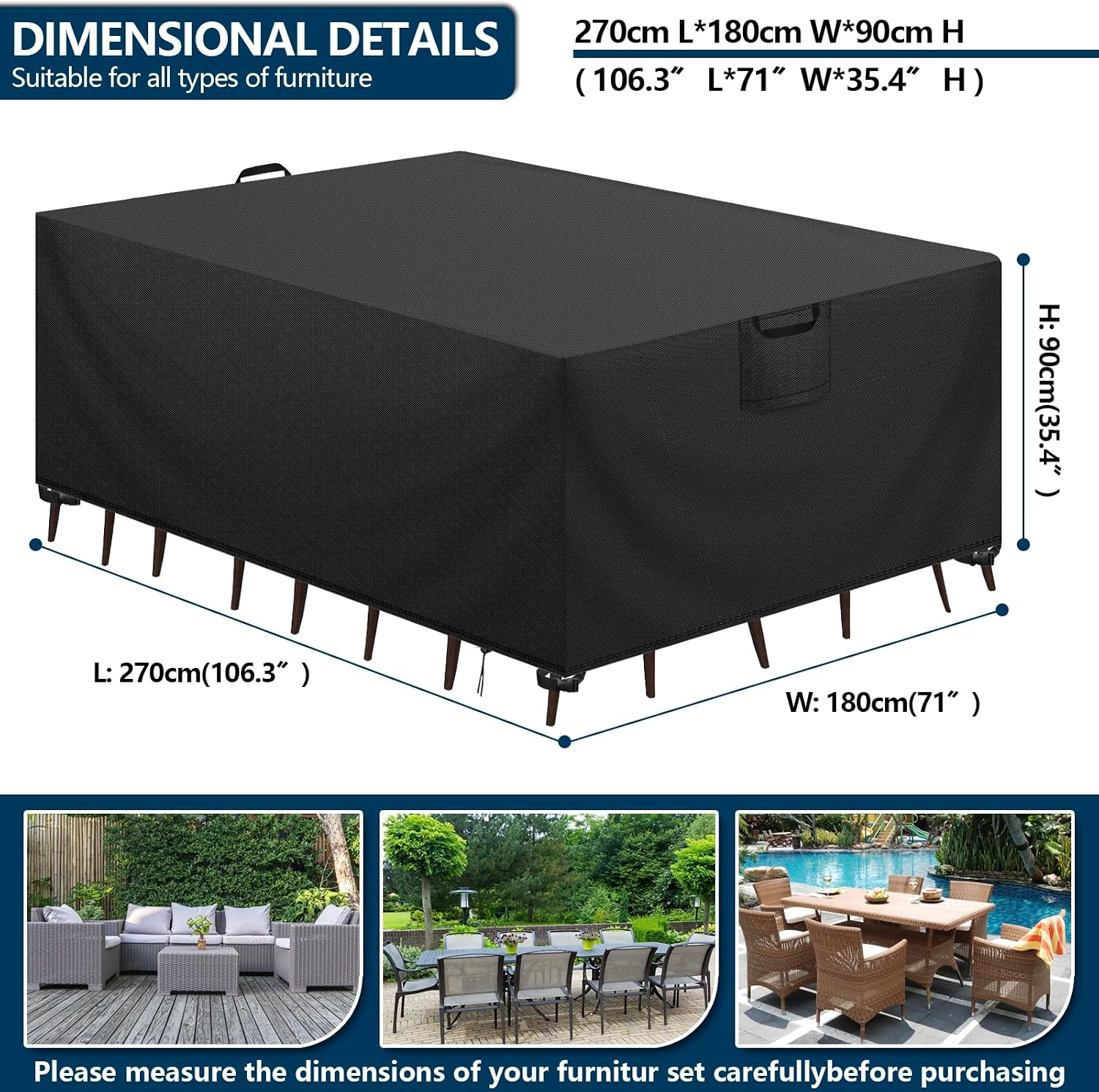 Detalle de Aujink copertura tavolo esterno impermeabile in panno 420D Oxford 270x180x90 cm, nero