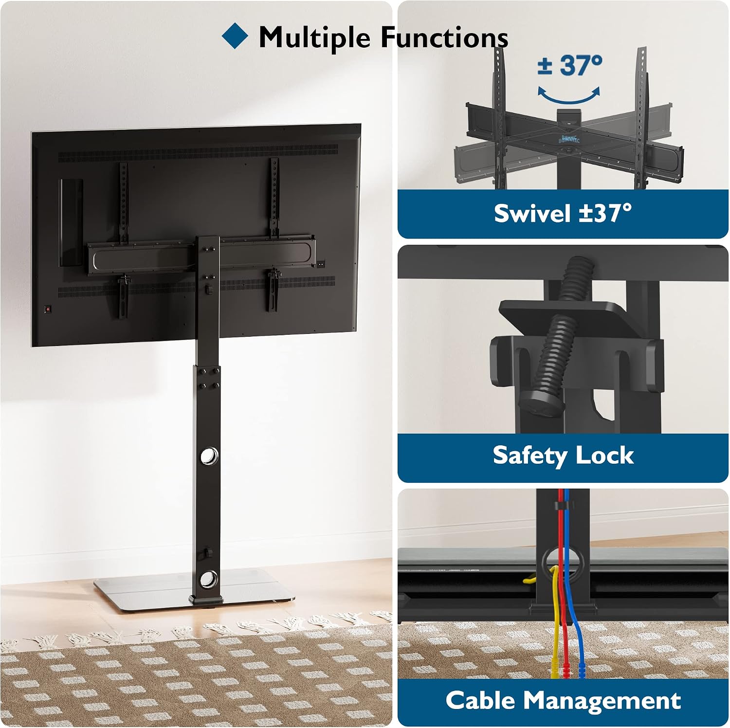 Detalle de BONTEC tv-vloerstandaard voor 30 tot 70 inch, verstelbaar en draaibaar