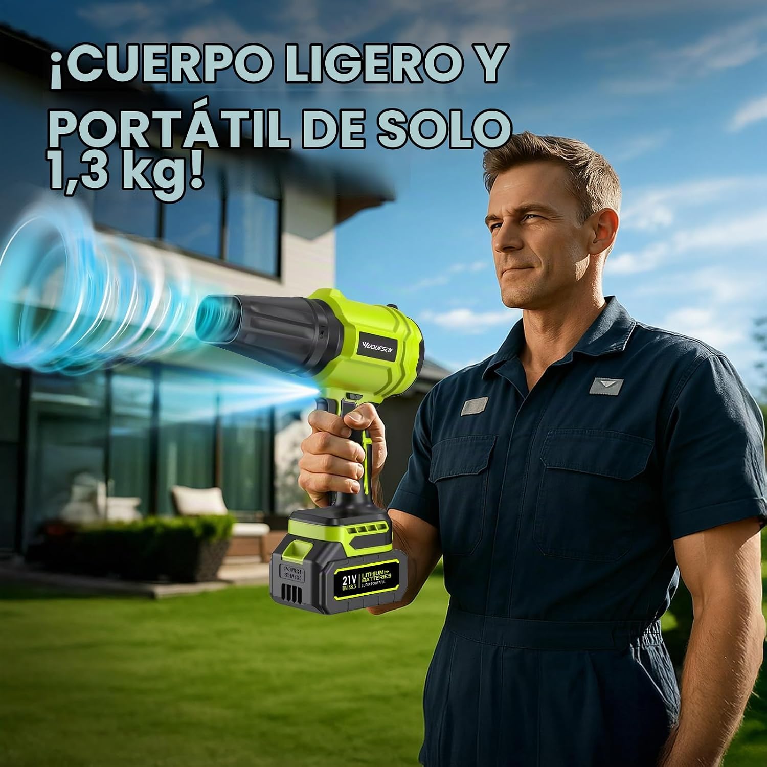 Thumbnail 4 de Soplador de Hojas Yuquesen 900.000 RPM — kit 2 baterías, cargador y accesorios (Verde Brillante)