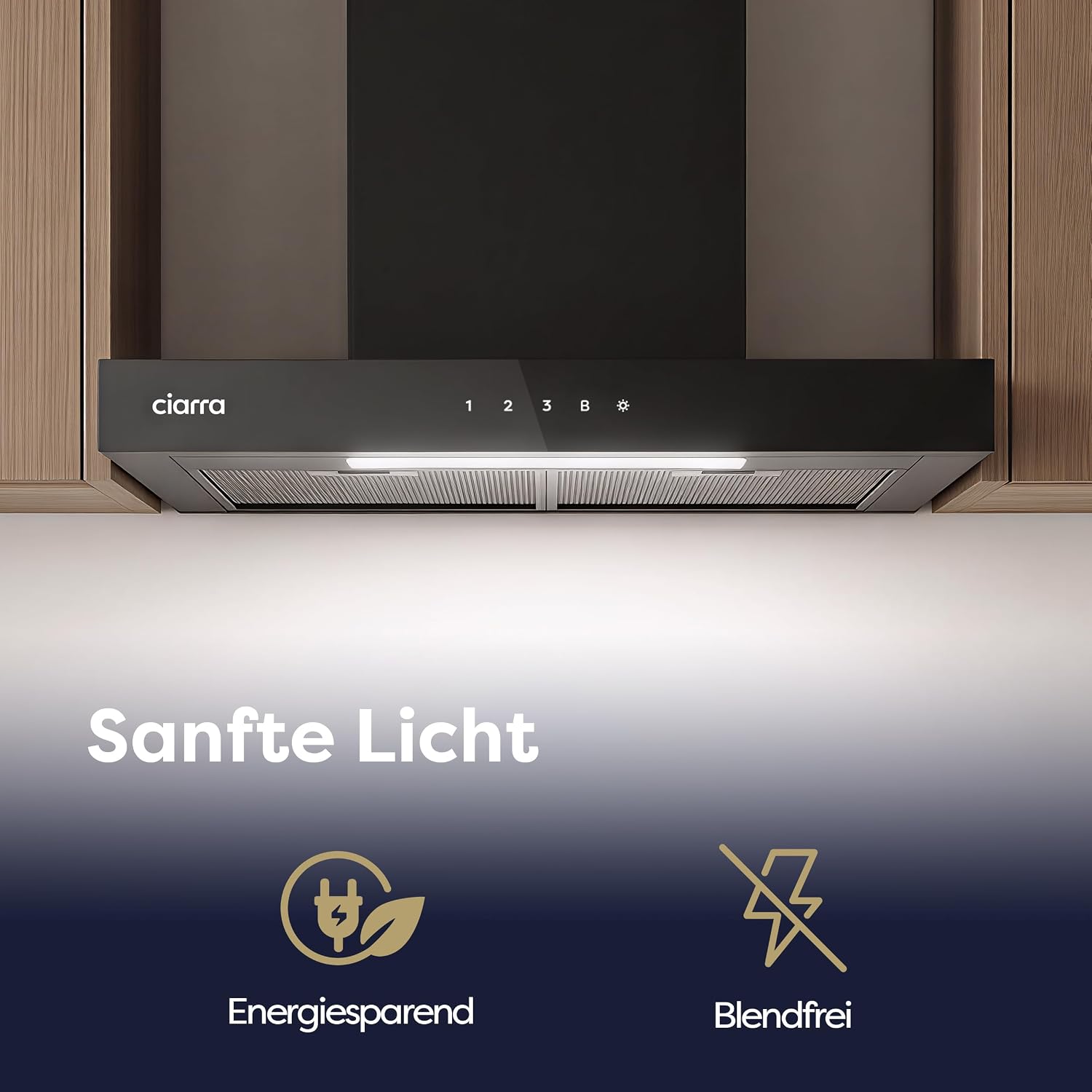 Detalle 2 de CIARRA CBCB6102 Dunstabzugshaube 60 cm – A+++, WLAN App, SensorTouch, 706 m³/h, Schwarz