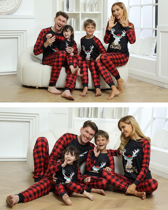 Detalle 1 de Sizet Family Christmas Pajamas Set, Reindeer Print and Red-and-Black Plaid