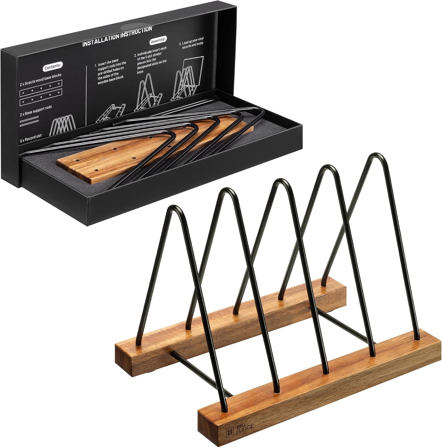 Detalle de Big Fudge Acacia Wood Vinyl Record Holder, 30–40 LP Capacity, Scratch-Resistant Base