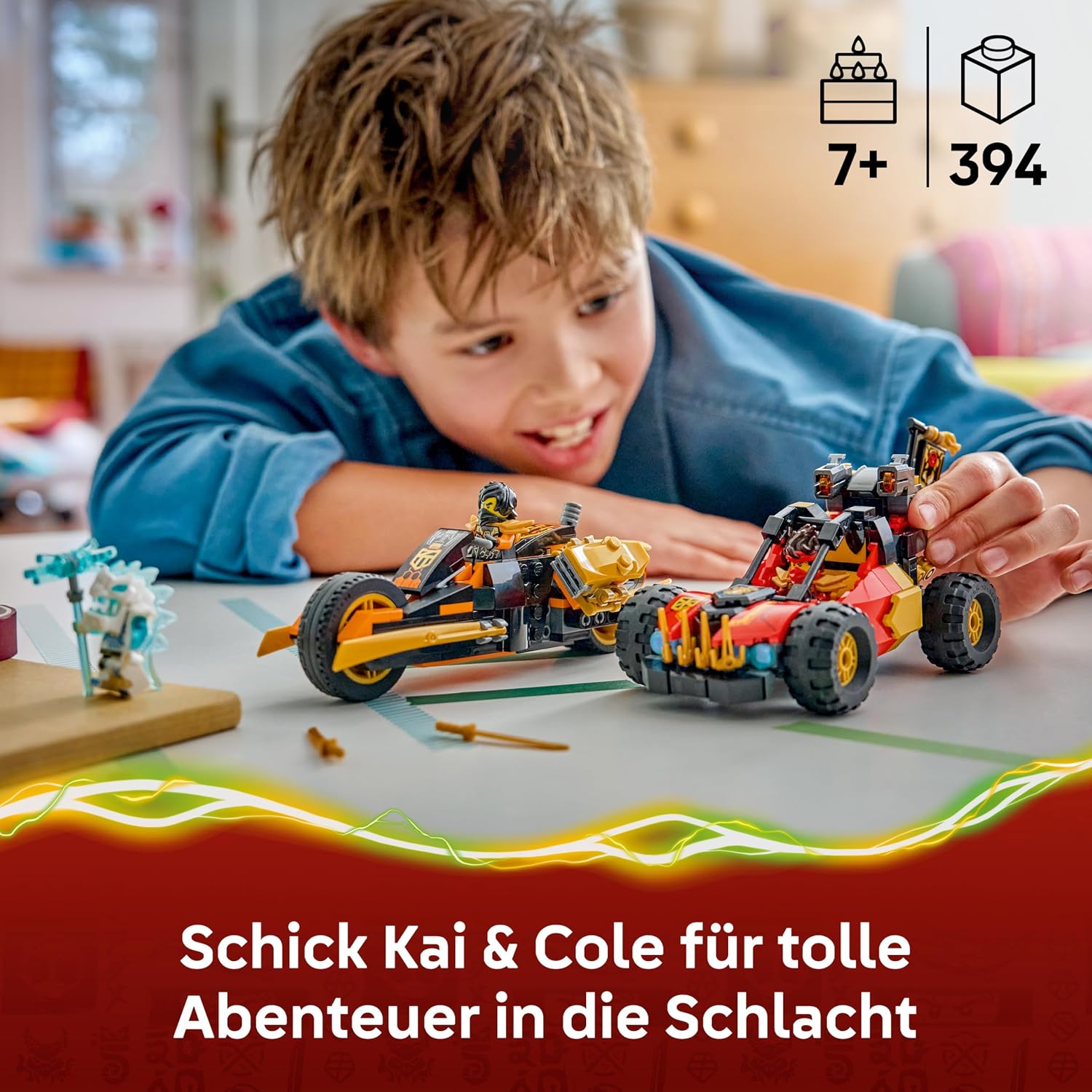 Detalle de LEGO NINJAGO Kais und Coles Kombi-Flitzer (71864) – Ninja Spielset mit zwei Fahrzeugen, drei Minifiguren inkl. Kai & Cole