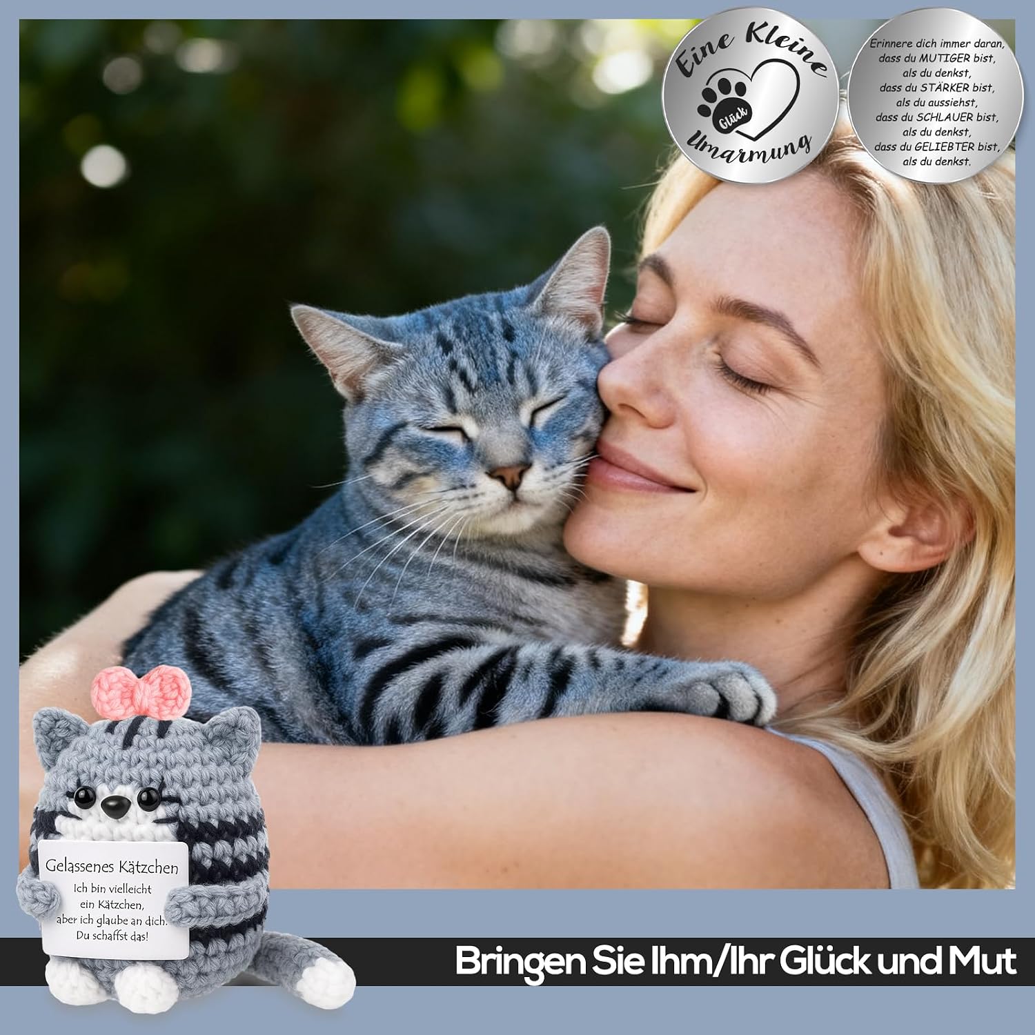 Detalle de Tixlux Pocket Hug Positive Katze – handgefertigte Strick-Katzen Dekofigur mit Glücksbringer für Mitbringsel